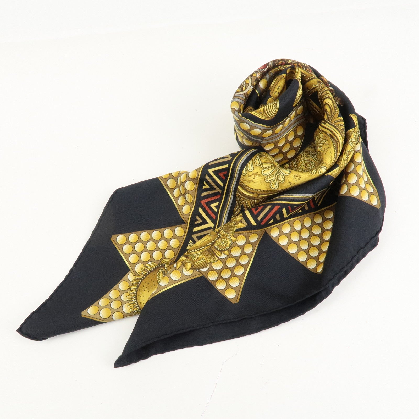 HERMES Carre 90 Silk 100% Scarf L'OR DES CHEFS Black Yellow Used