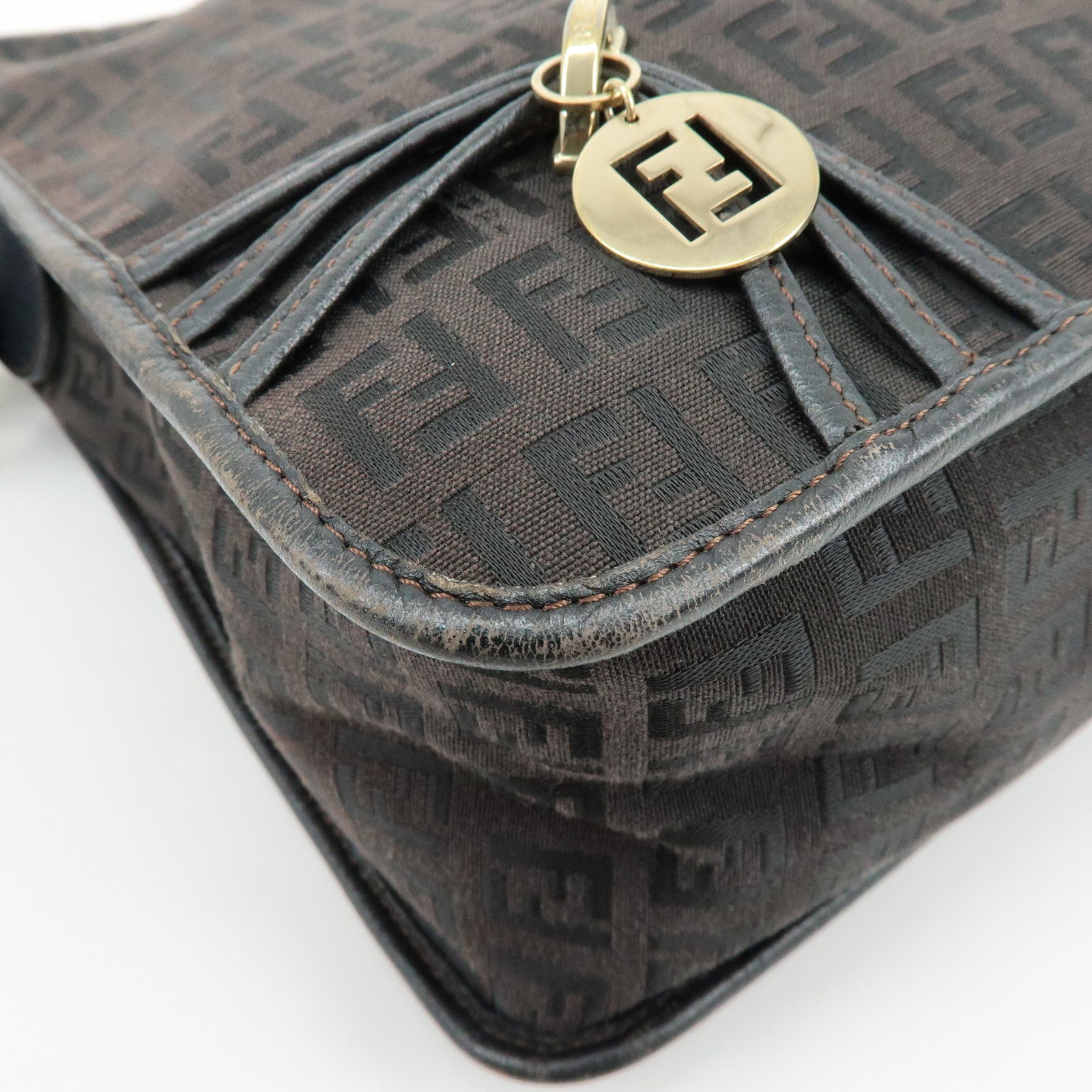 FENDI Zucchino Canvas Leather Shoulder Bag Dark Brown 8BT090