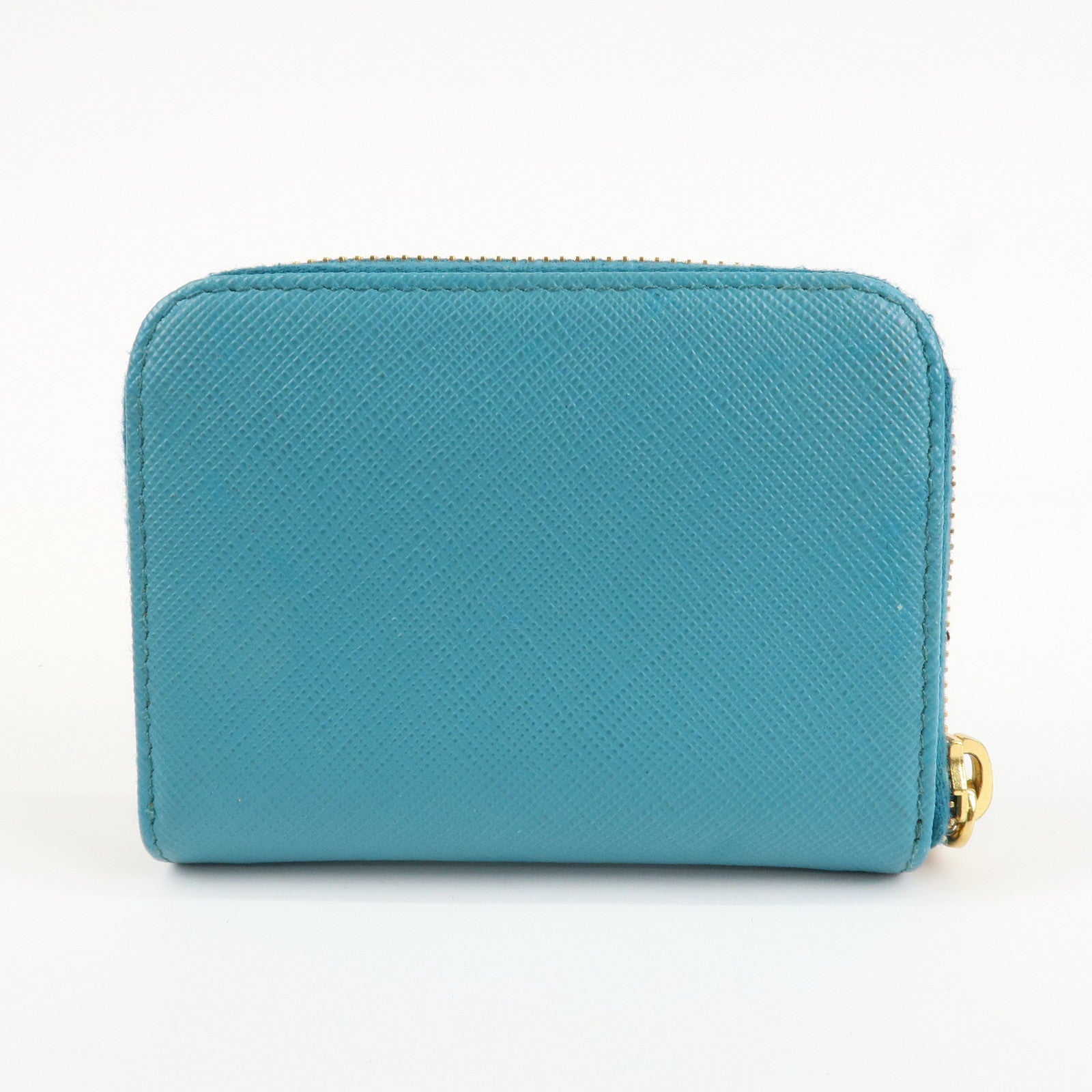 PRADA Logo Saffiano Leather Round Zippy Small Wallet Blue 1MM268 Used