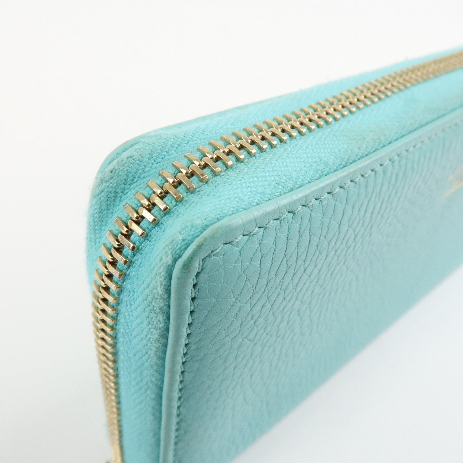 GUCCI Bamboo Leather Round Zippy Wallet Long Wallet Light Blue 307984 Used