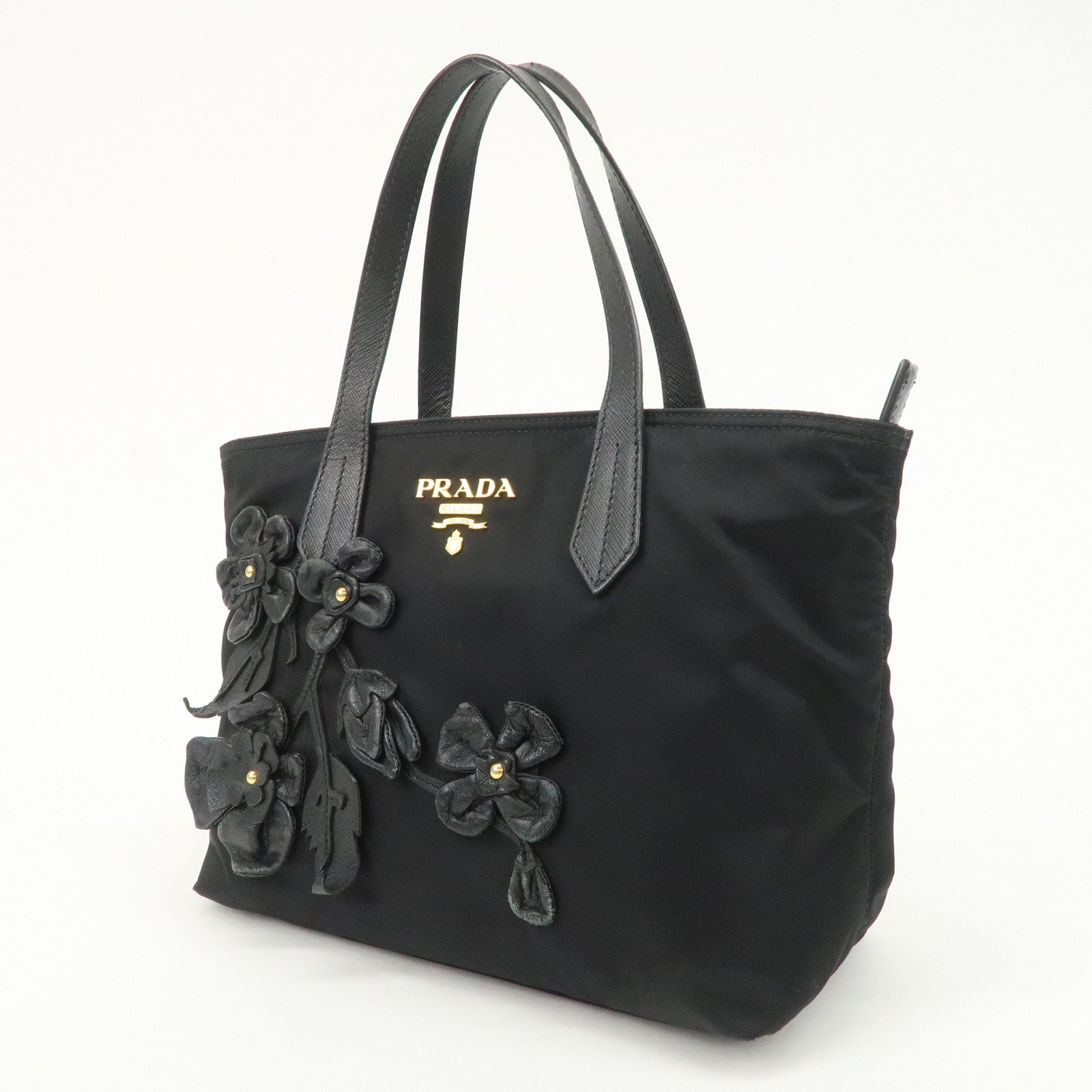 PRADA Nylon Leather Hand Bag Black Gold Hardware 1BA084