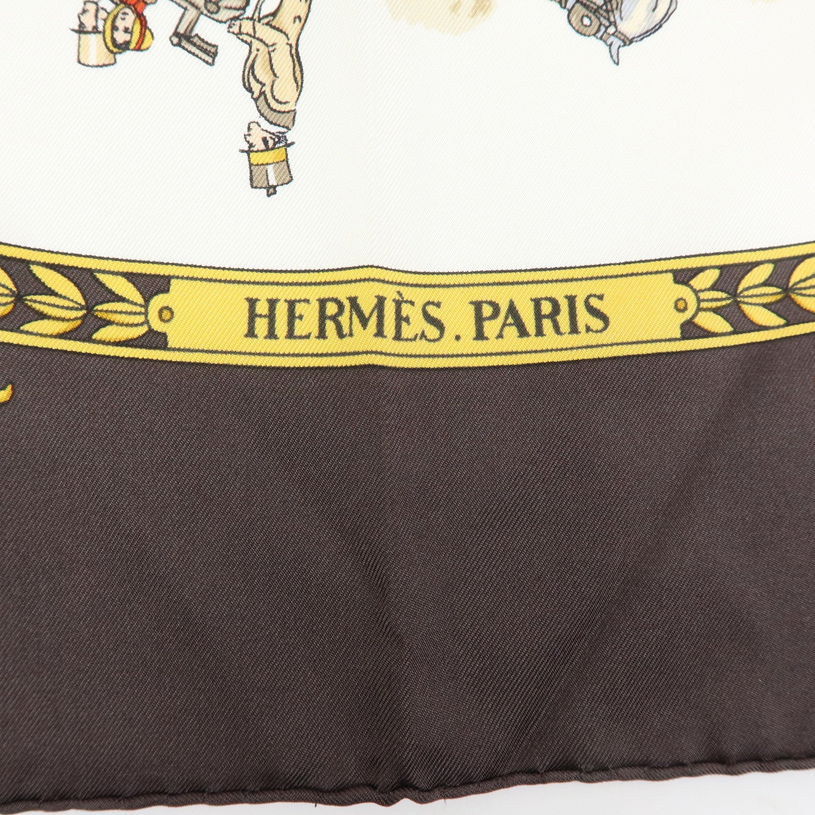 HERMES Carre 90 Silk 100% Scarf LA PROMENADE DE LONGCHAMPS Brown