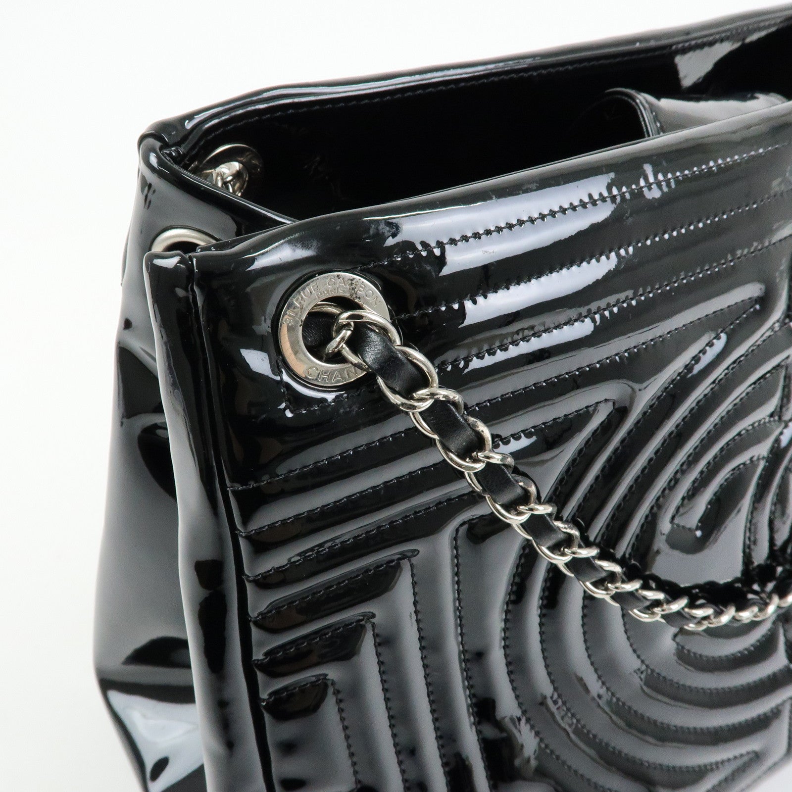 CHANEL COCO Mark Patent Leather Lamb Skin Tote Bag Hand Bag Black