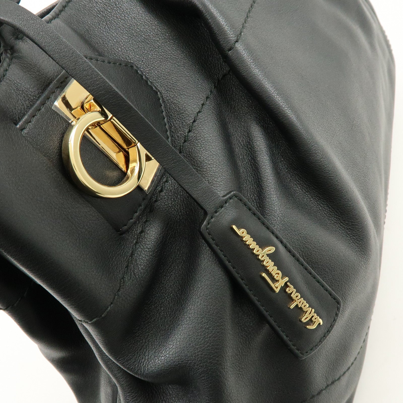 Ferragamo Gancini Leather Tote Bag Hand Bag Shoulder Bag Black