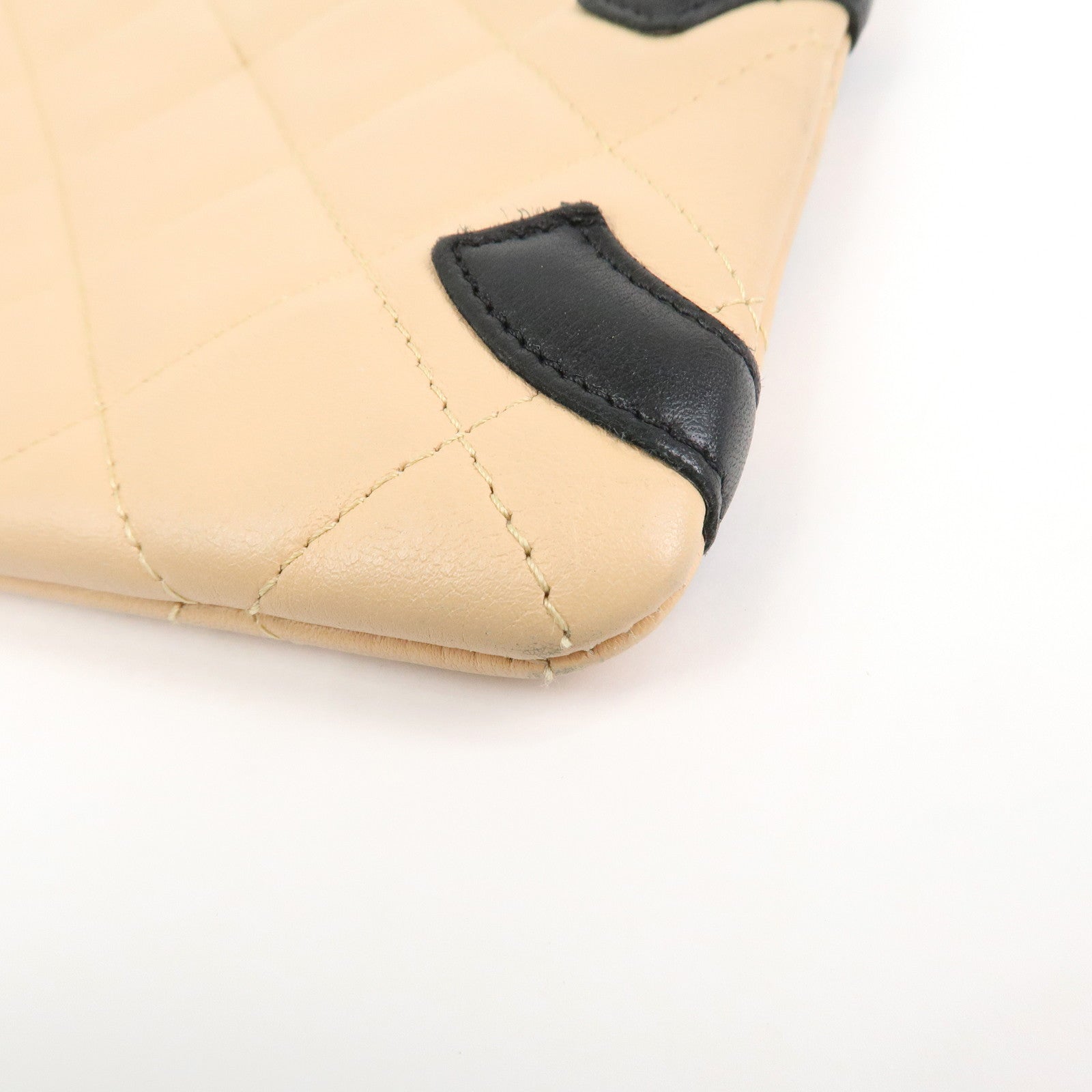 CHANEL Cambon Line Lamb Skin Cosmetic Pouch Makeup Bag Beige Black