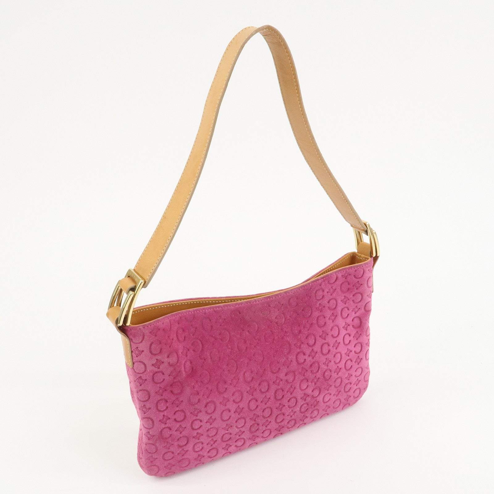 CELINE C Macadam Suede Leather Shoulder Bag Pink Light Brown