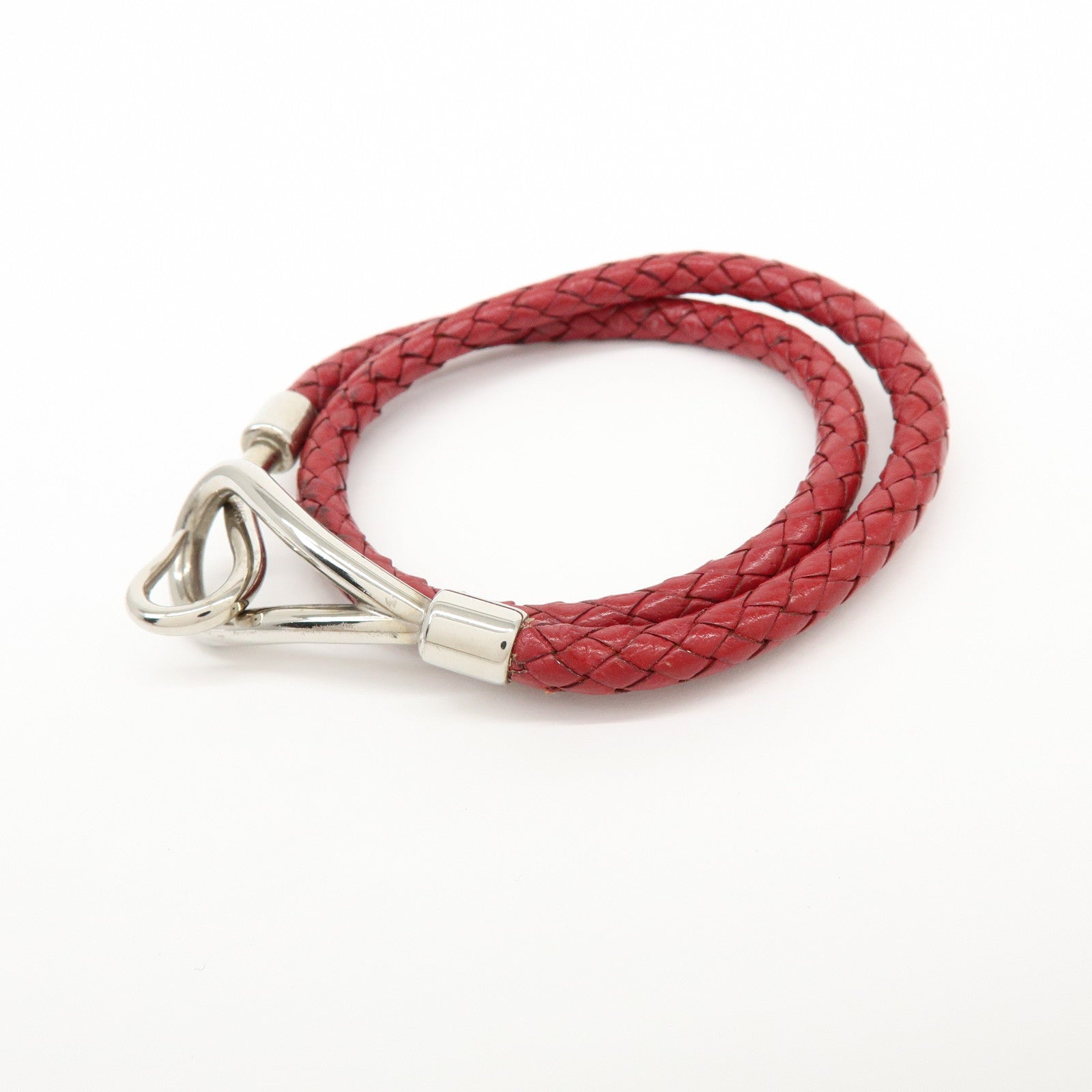 HERMES Jumbo Choker Double Tour Leather Metal Bracelet Red Silver