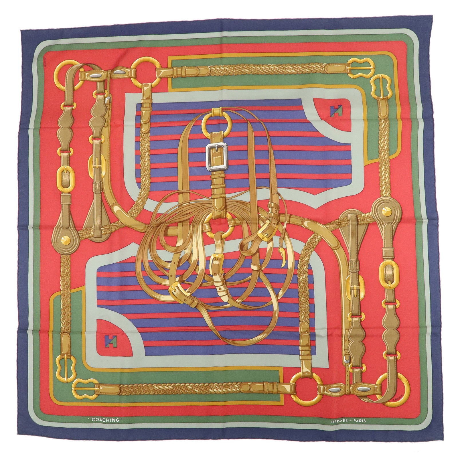 HERMES Carre 90 Silk 100% COACHING Scarf Red Multi Color