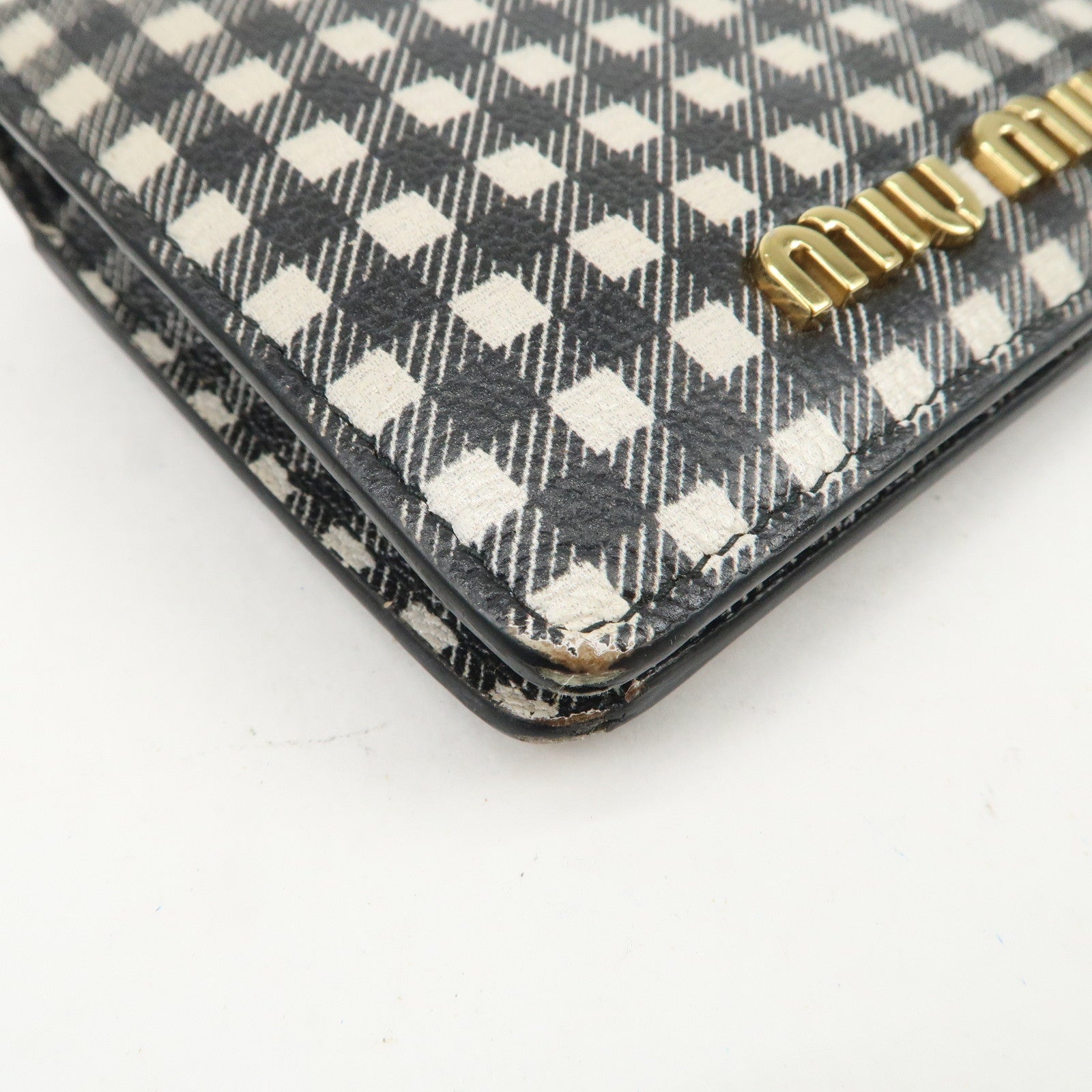 MIU MIU Plaid Leather Compact Bi-fold Wallet Black Ivory 5MV204