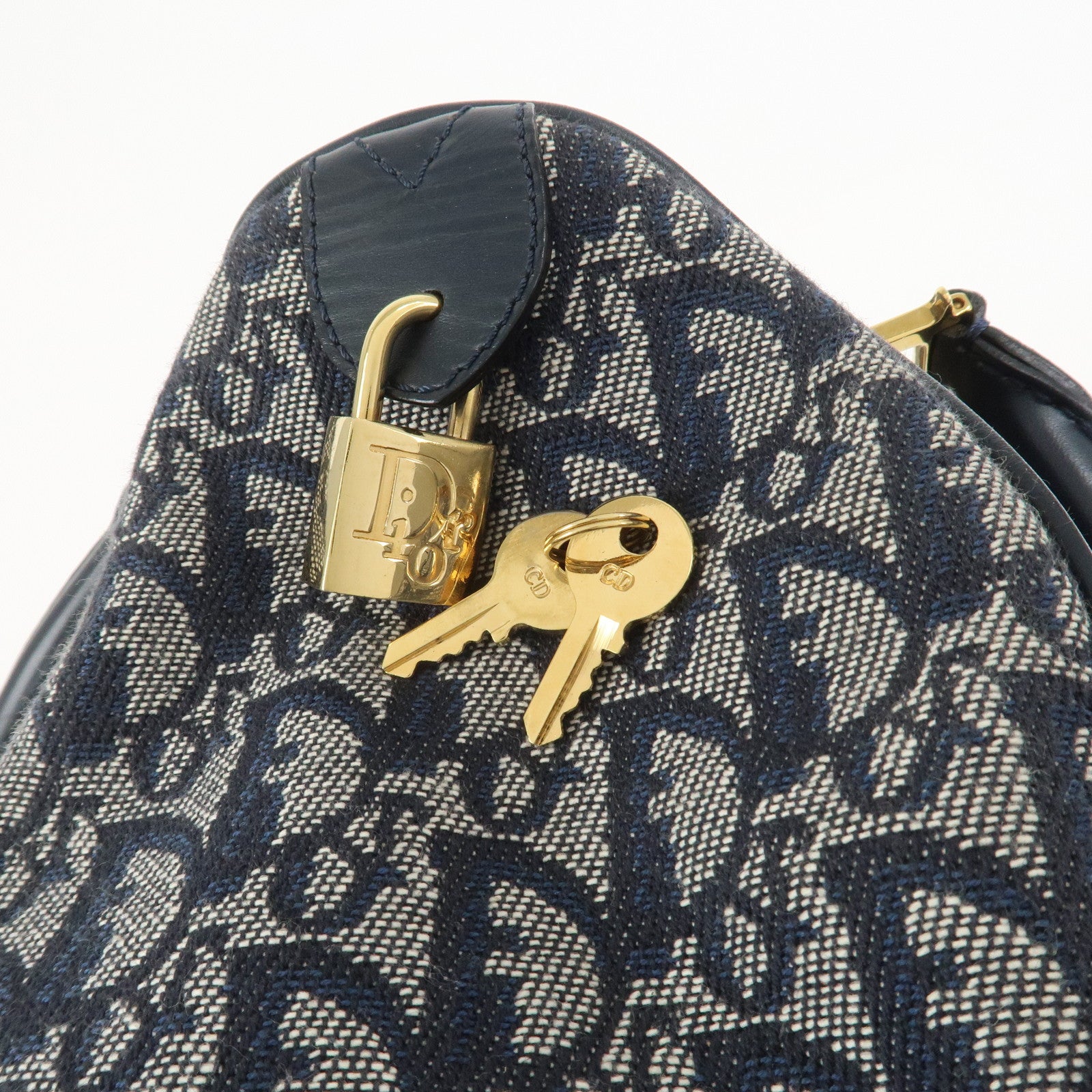 Christian Dior Trotter Jacquard Canvas Leather Boston Bag Navy