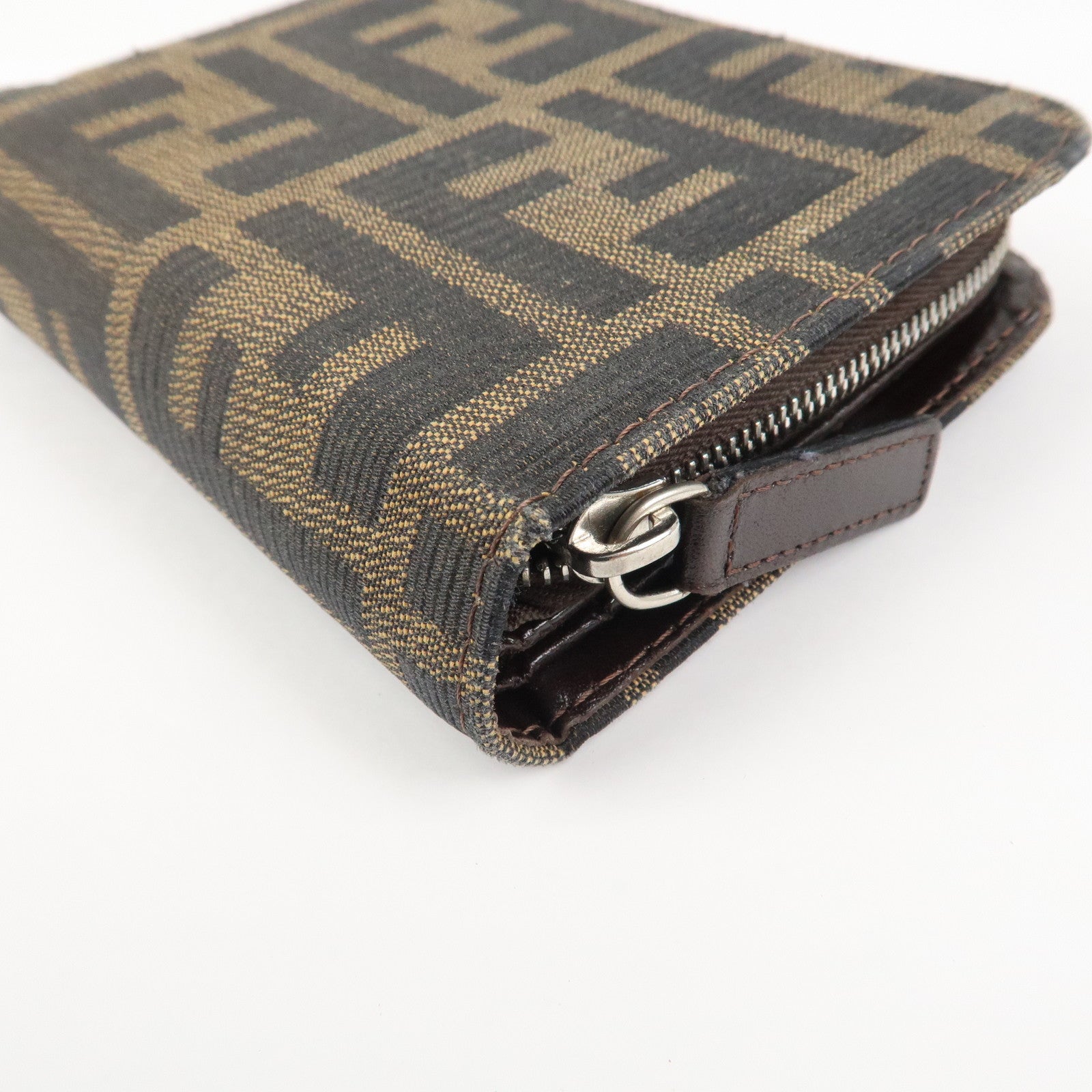 FENDI Zucca Canvas Leather Bi-fold Compact Wallet Brown Black 16348