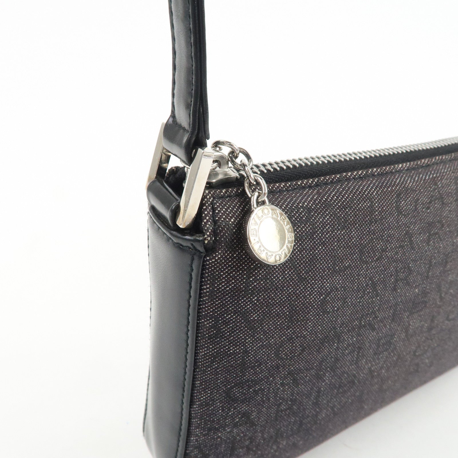 BVLGARI LOGO Mania Canvas Leather Shoulder Bag Hand Bag Black