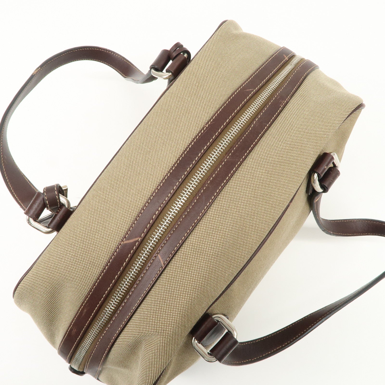 PRADA Logo Jacquard Leather Boston Bag Shoulder Bag Beige BL0260 Used