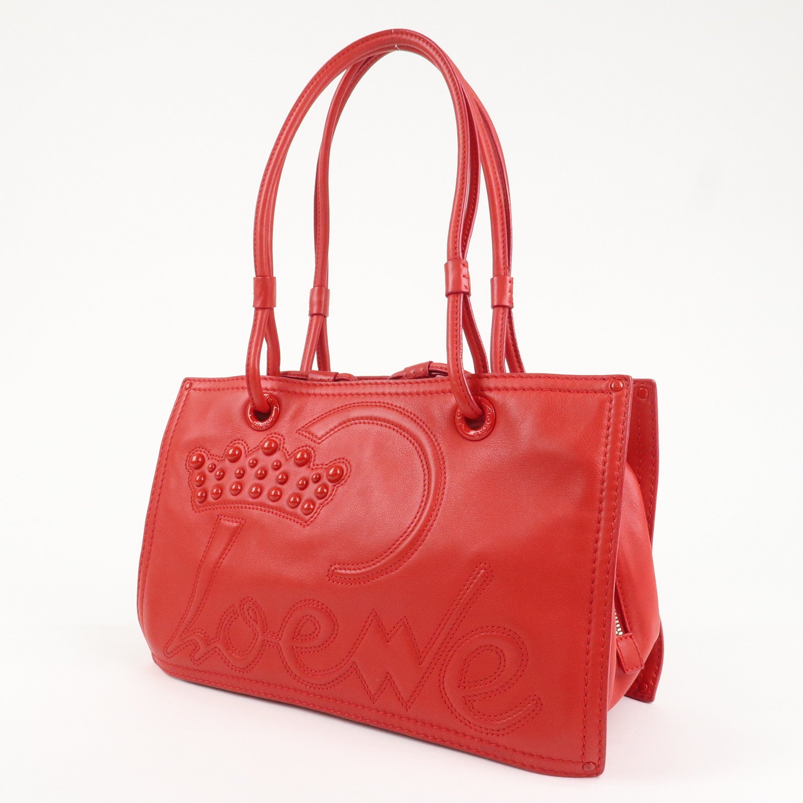 LOEWE Leather Tote Bag Shoulder Bag Hand Bag Red Used