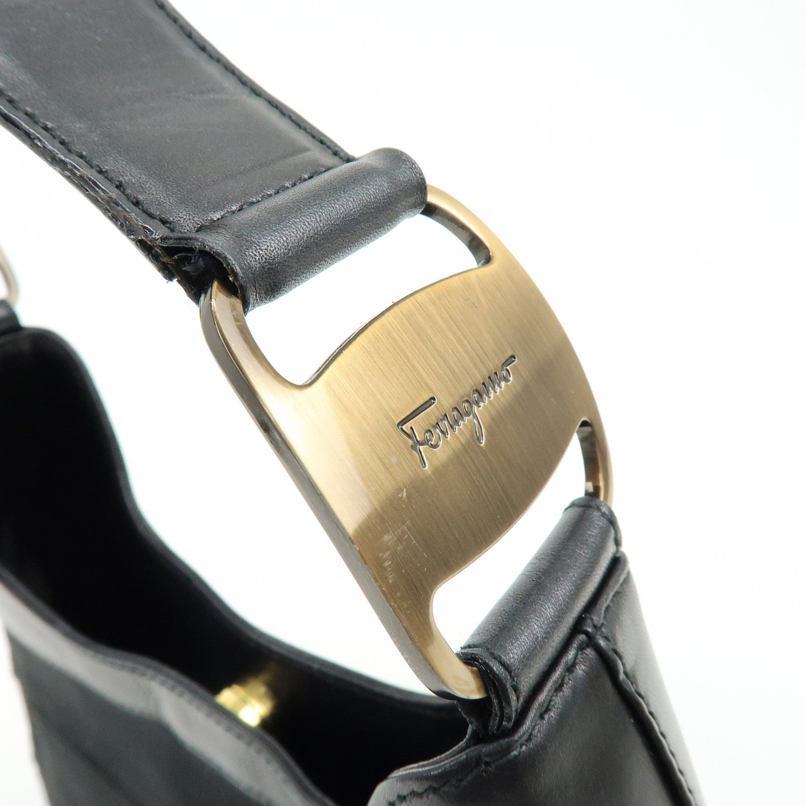 Ferragamo Vara Canvas Leather Shoulder Bag Hand Bag Black