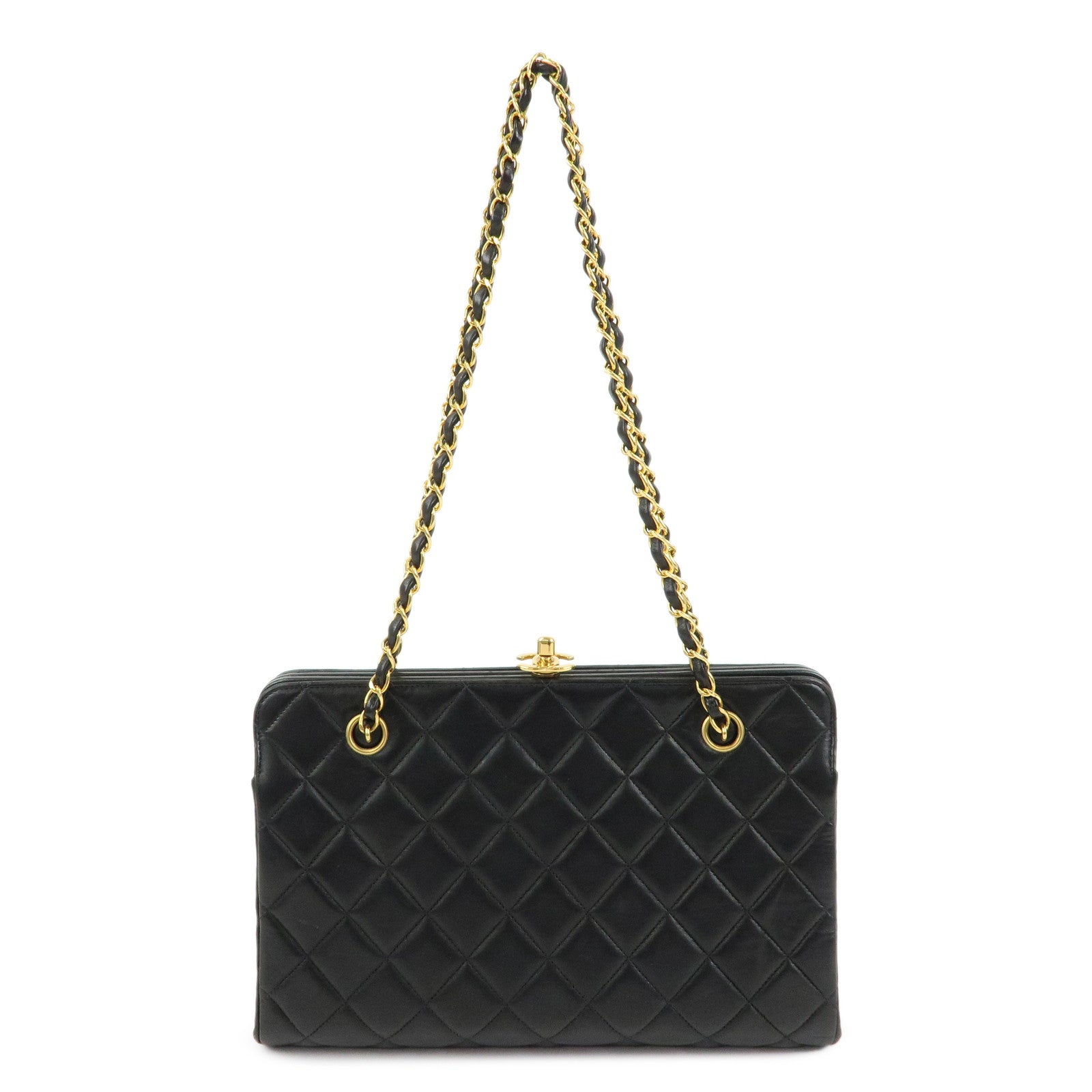CHANEL Matelasse Lamb Skin Chain Kiss Lock Shoulder Bag Black Gold