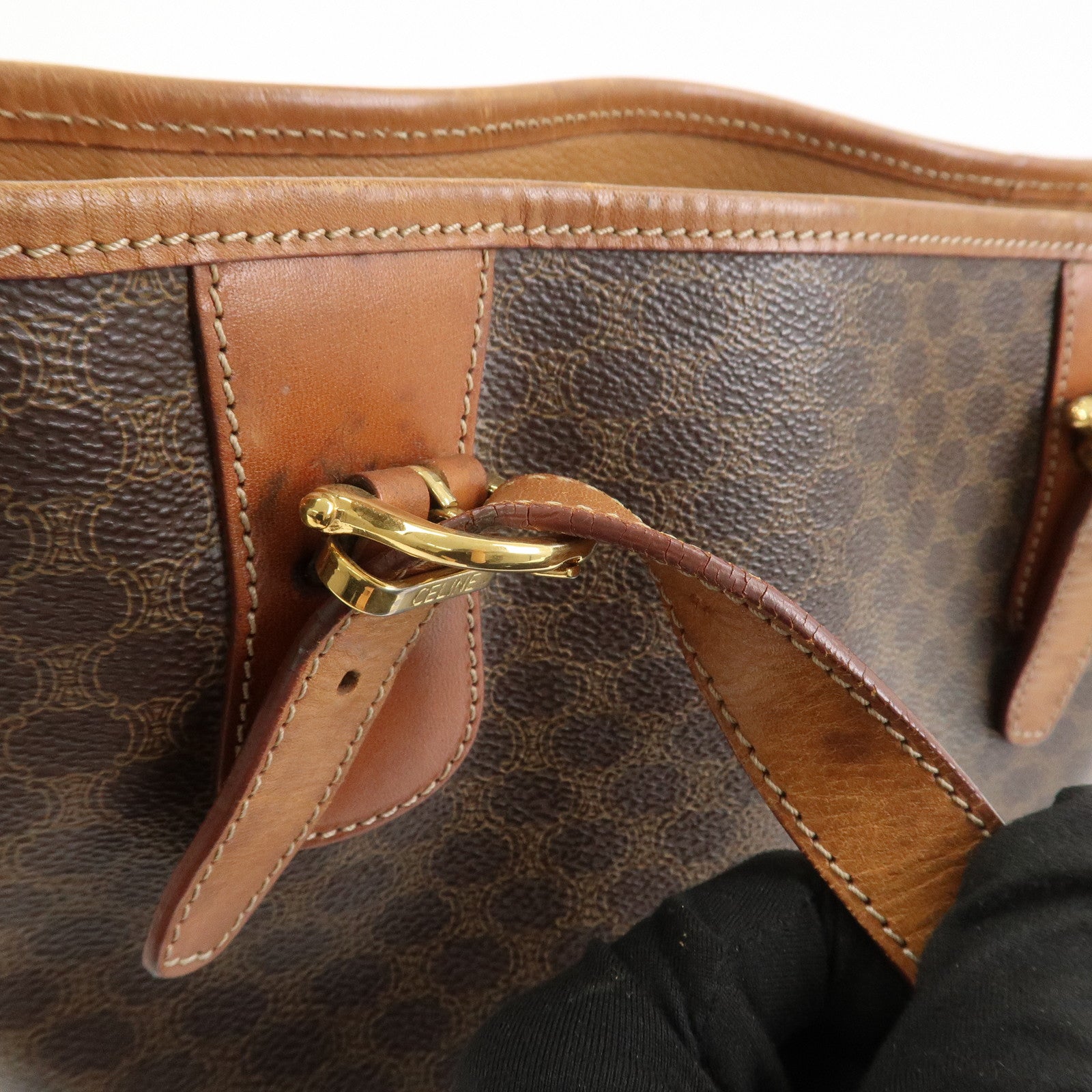 CELINE Macadam PVC Canvas Leather Tote Bag Hand Bag Brown