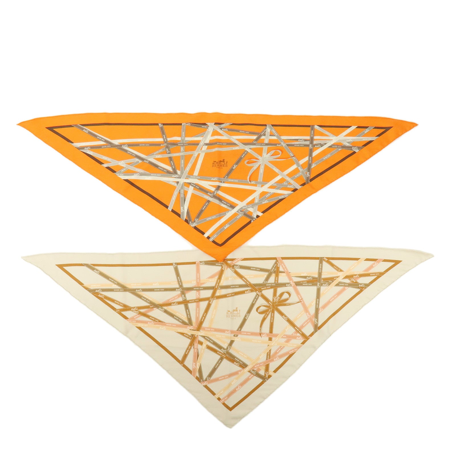 HERMES Pointu Set of 2 Silk 100% Scarf Ribbon Print Orange Beige