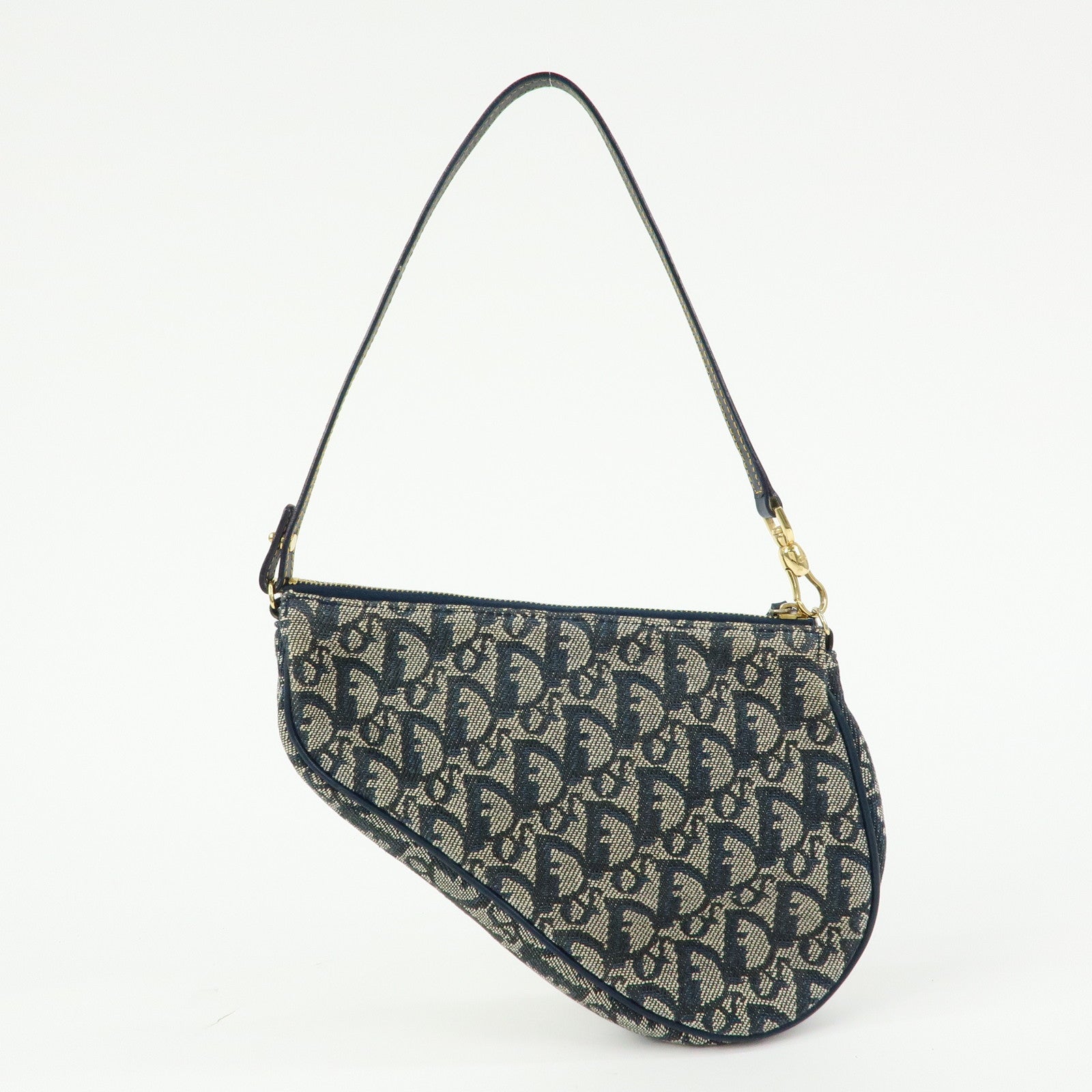 Christian Dior Saddle Oblique Canvas Leather Hand Bag Navy White