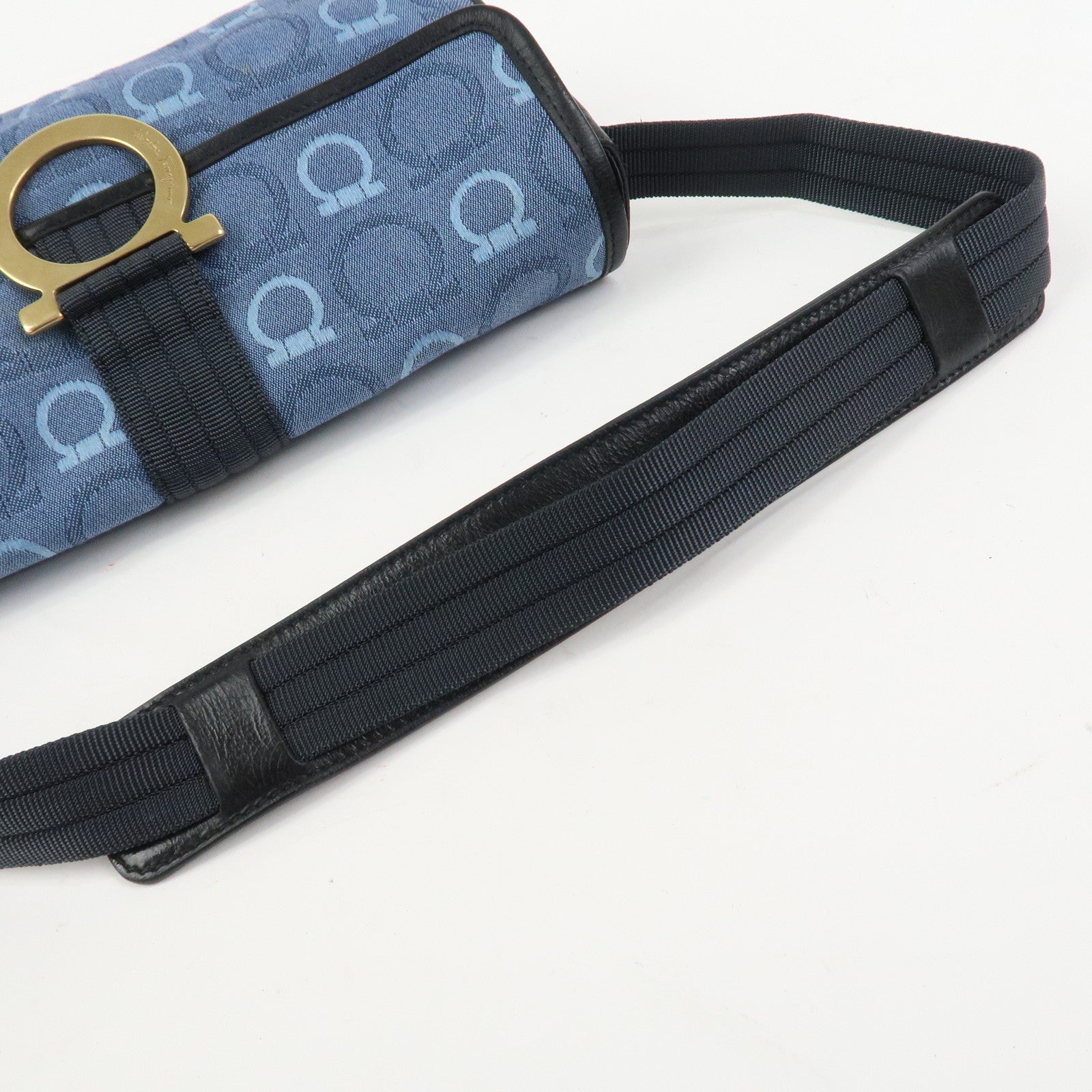 Ferragamo Gancini Canvas Leather Shoulder Bag Blue Black