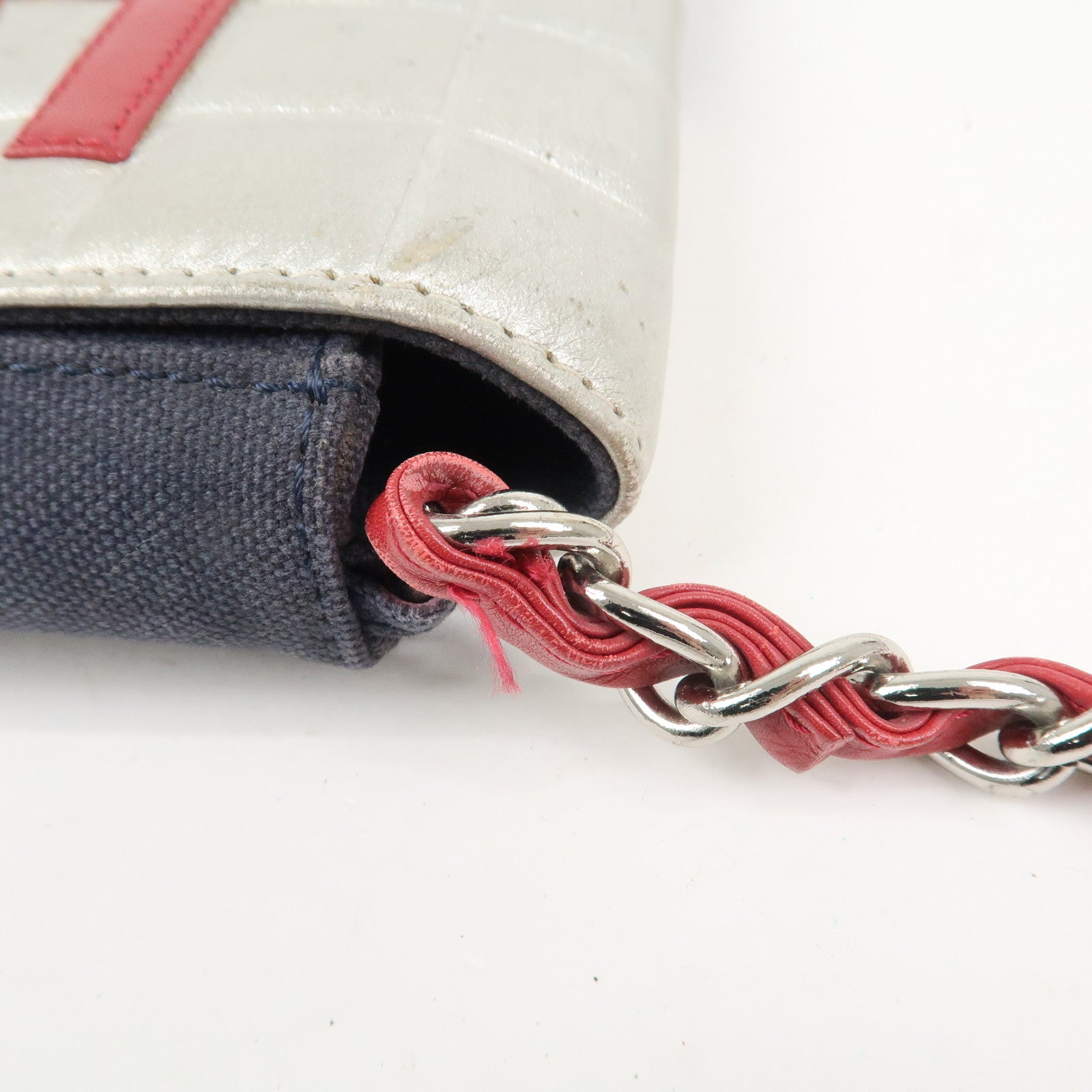 CHANEL No.5 Canvas Leather Chain Shoulder Bag Hand Bag Navy Silver