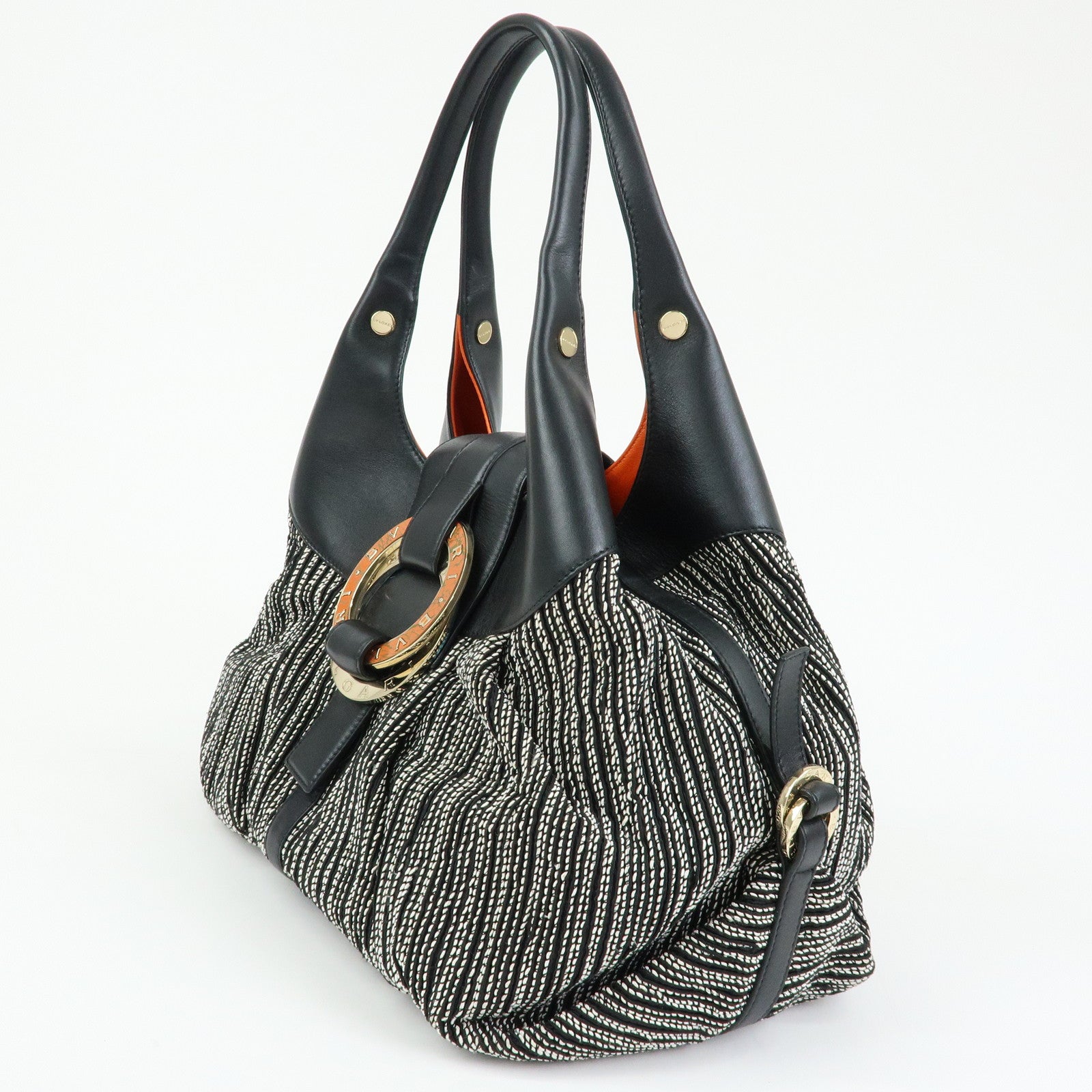 BVLGARI Chandra Leather Canvas Hand Bag Tote Bag Black Orange