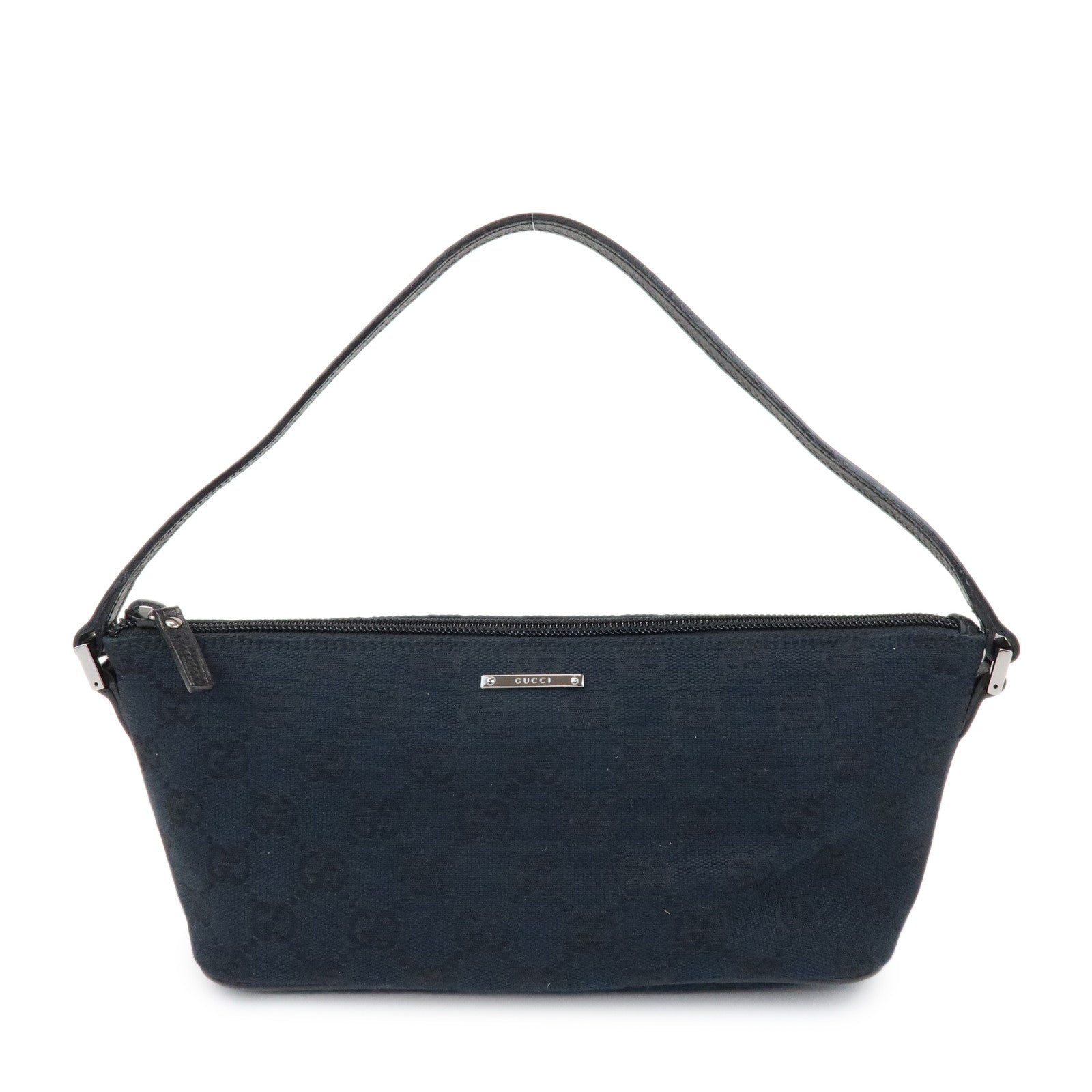 GUCCI Boat Bag GG Canvas Leather Pouch Hand Bag Black 07198