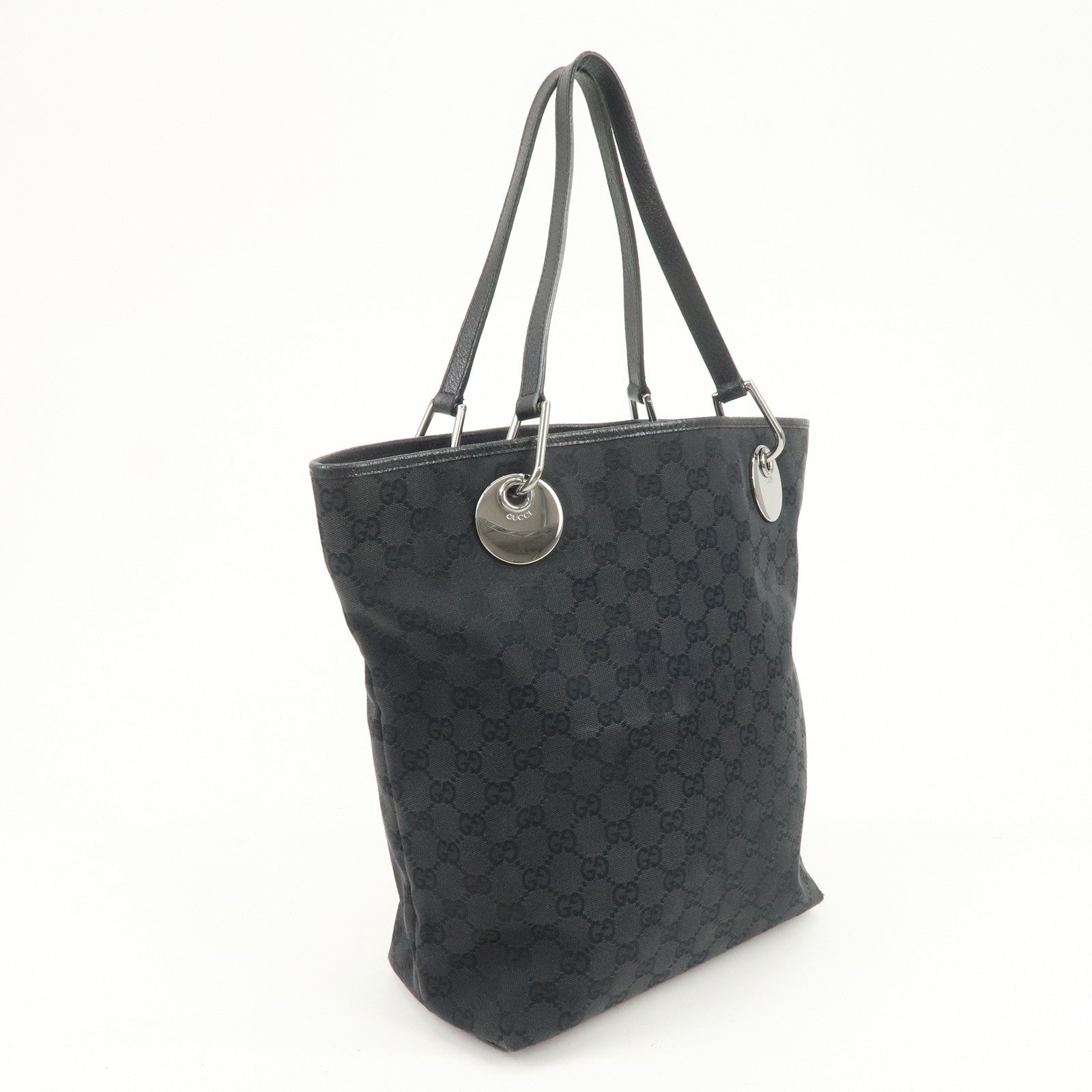 GUCCI Logo GG Canvas Leather Tote Bag Hand Bag Black 120836