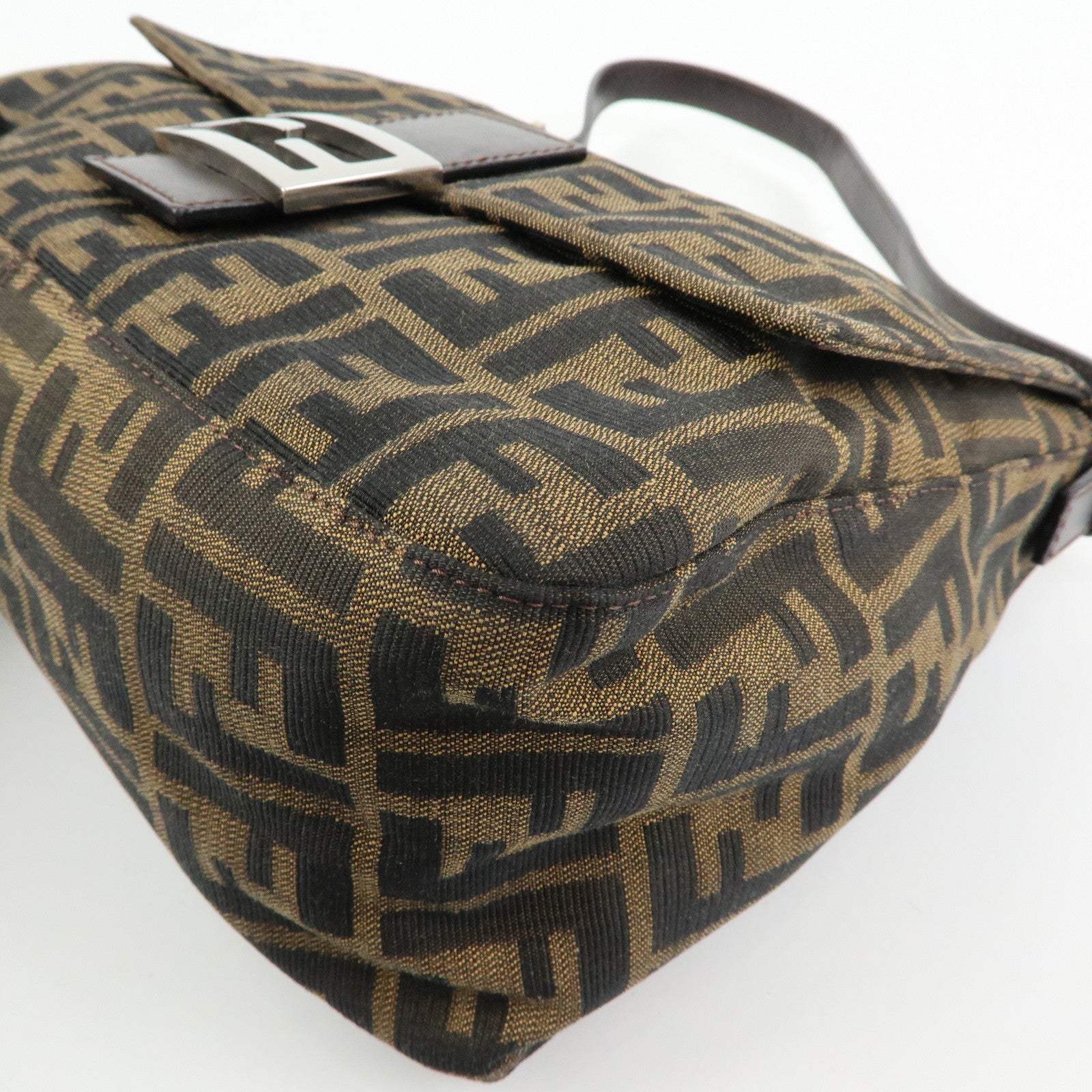 FENDI Mamma Baguette Zucca Canvas Leather Shoulder Bag Brown 26325