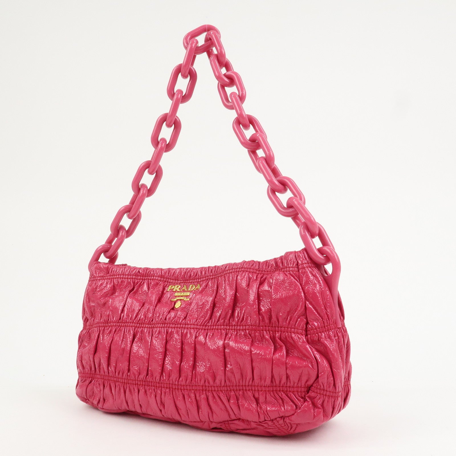 PRADA Logo Patent Leather Chain Shoulder Bag Hand Bag Pink BR4075