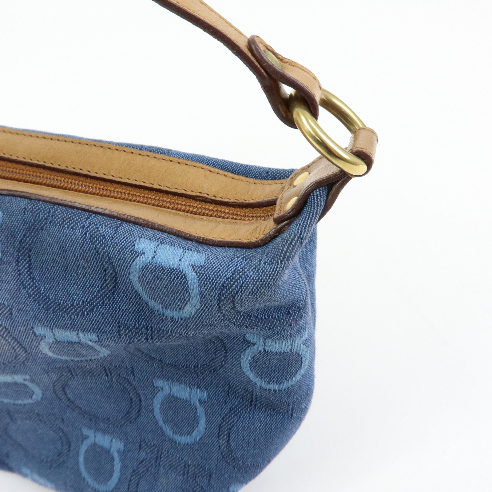 Ferragamo Gancini Canvas Leather Hand Bag Shoulder Bag Blue