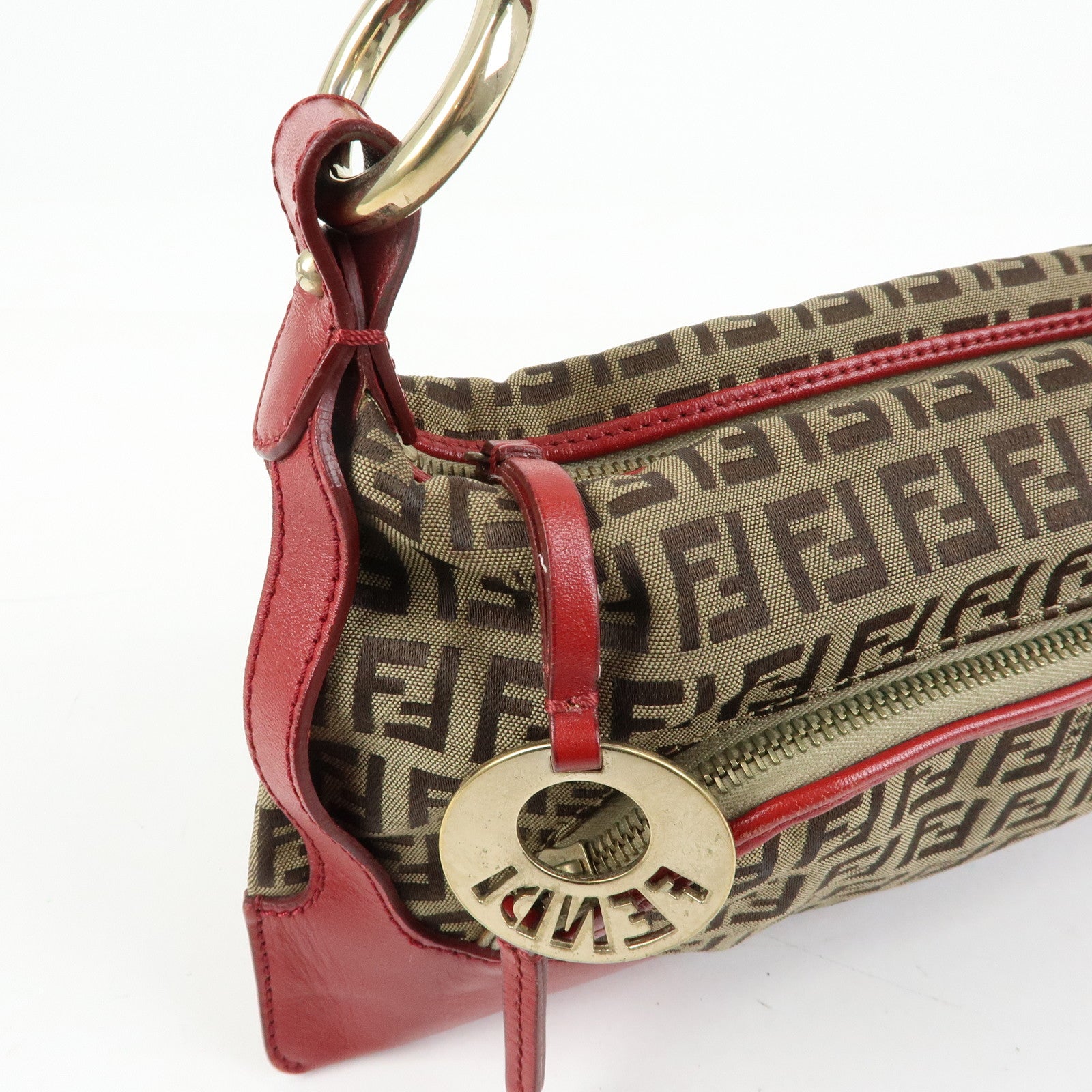 FENDI Zucca Canvas Leather Hand Bag Shoulder Bag Beige Red 8BR464