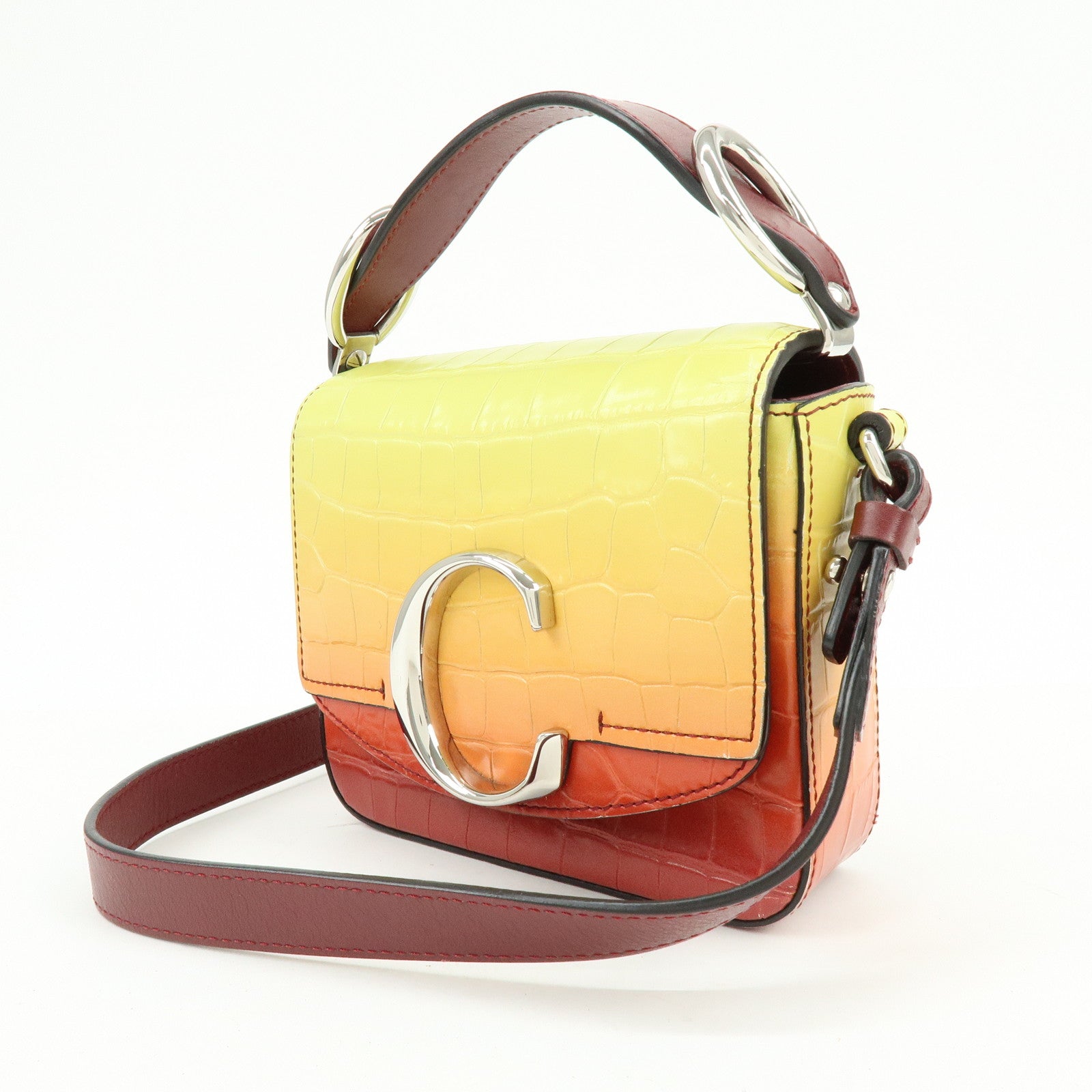 Chloe C Engrabed Leather 2Way Bag Shoulder Bag Bordeaux Yellow