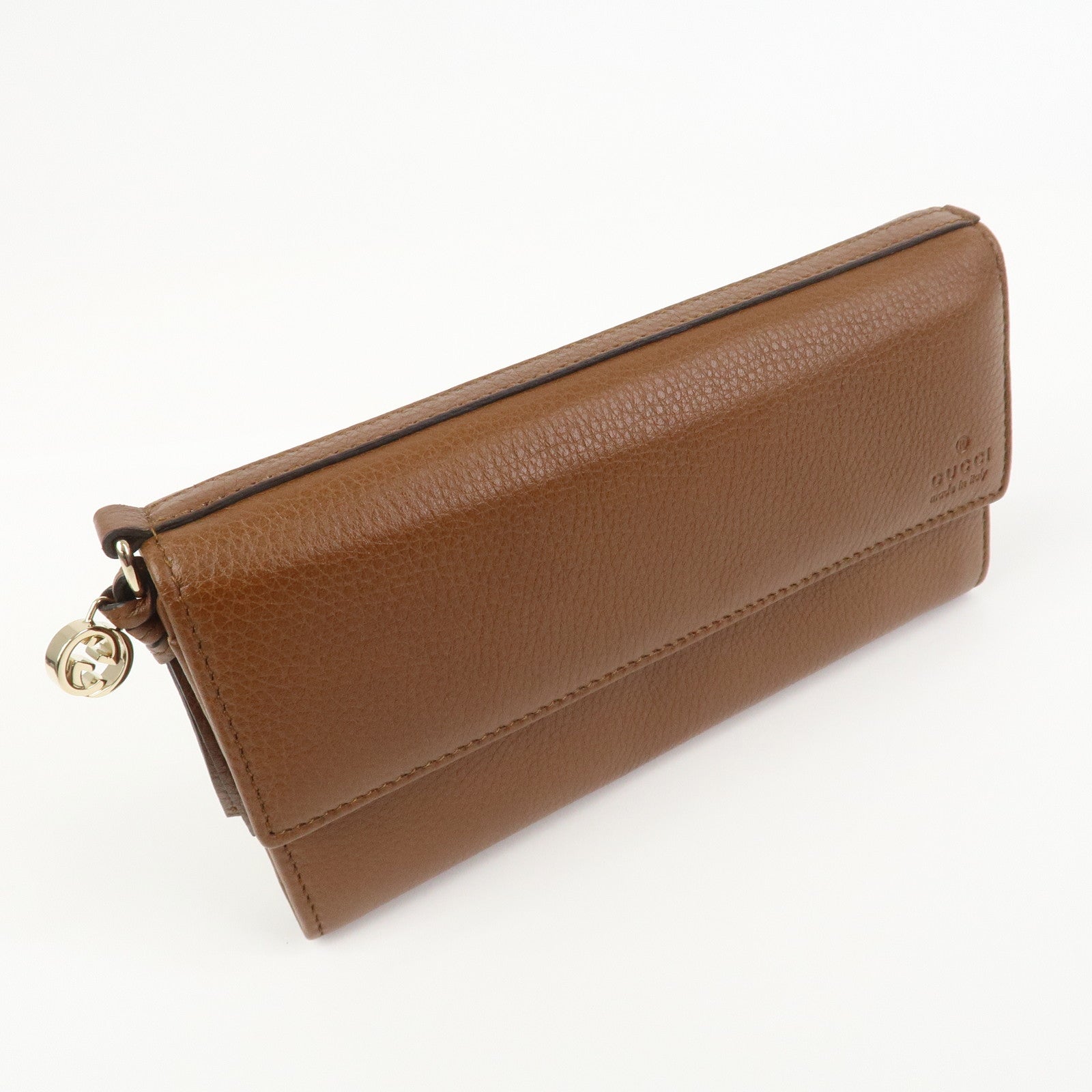 GUCCI Logo Leather Flap Long Wallet Brown 323396