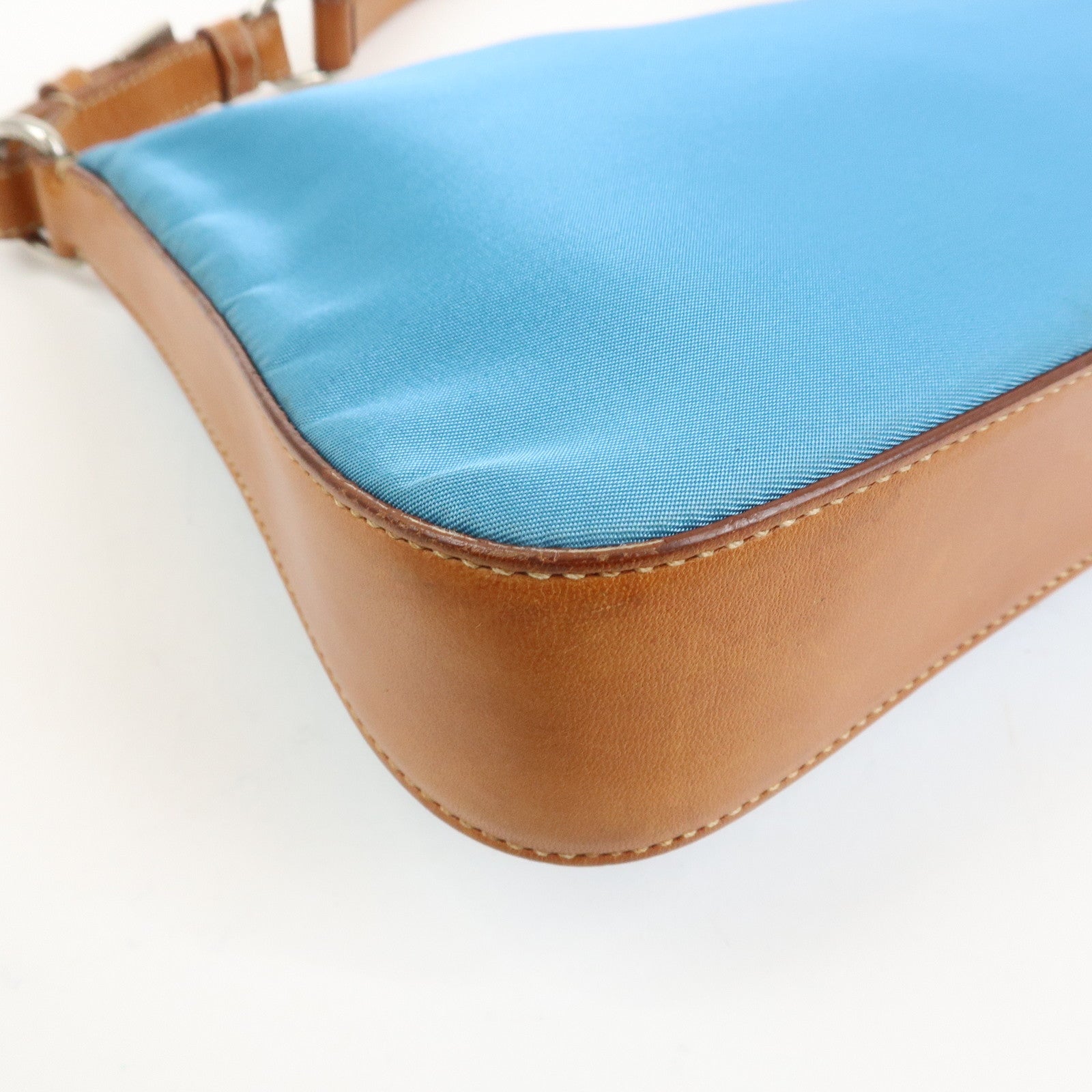 PRADA Triangle Logo Nylon Leather Shoulder Bag Blue Brown BR2205