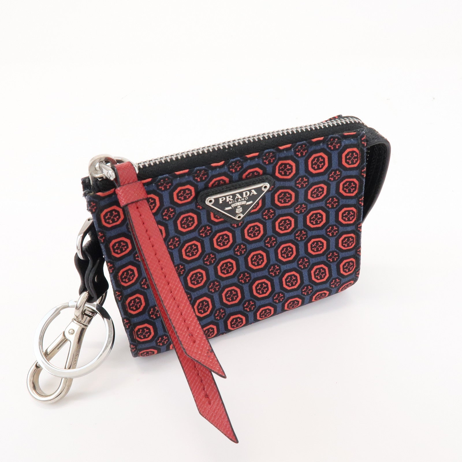 PRADA Triangle Logo Mini Pouch Key Ring Coin Case Navy Red 2TT072
