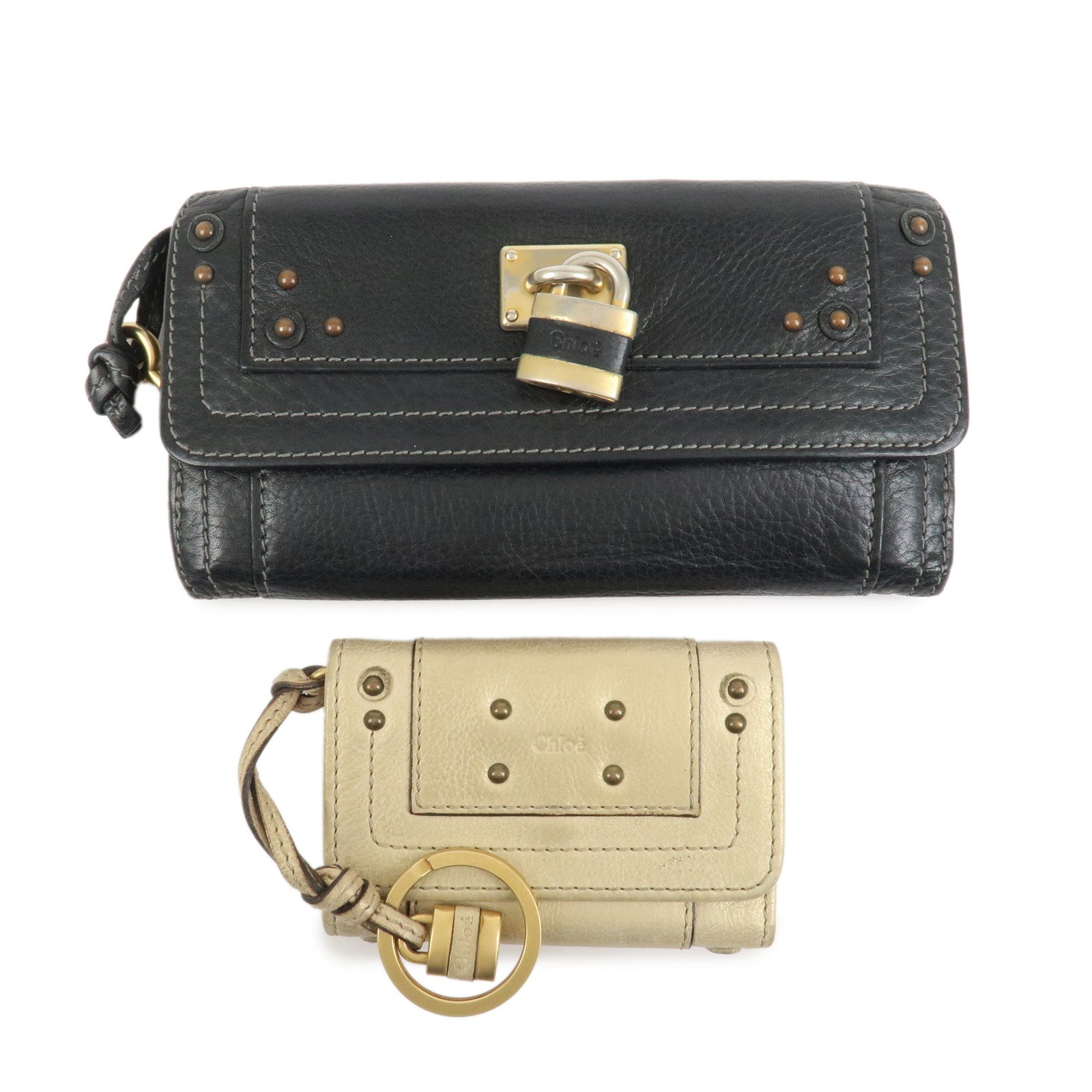 Chloe Padington Set of 2 Leather Long Wallet Key Case Gold Black