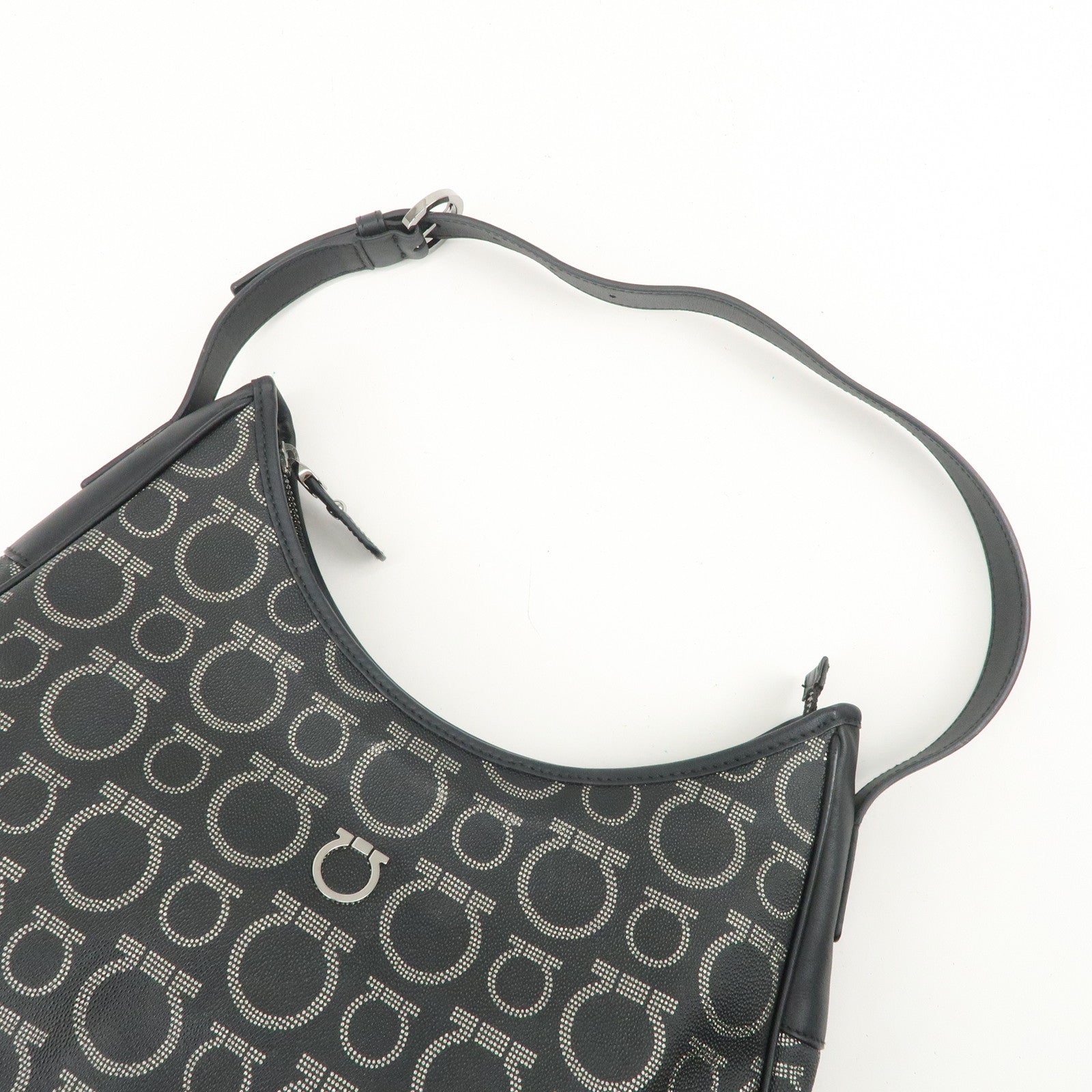 Ferragamo Gancini Logo PVC Leather Shoulder Bag Hand Bag Black