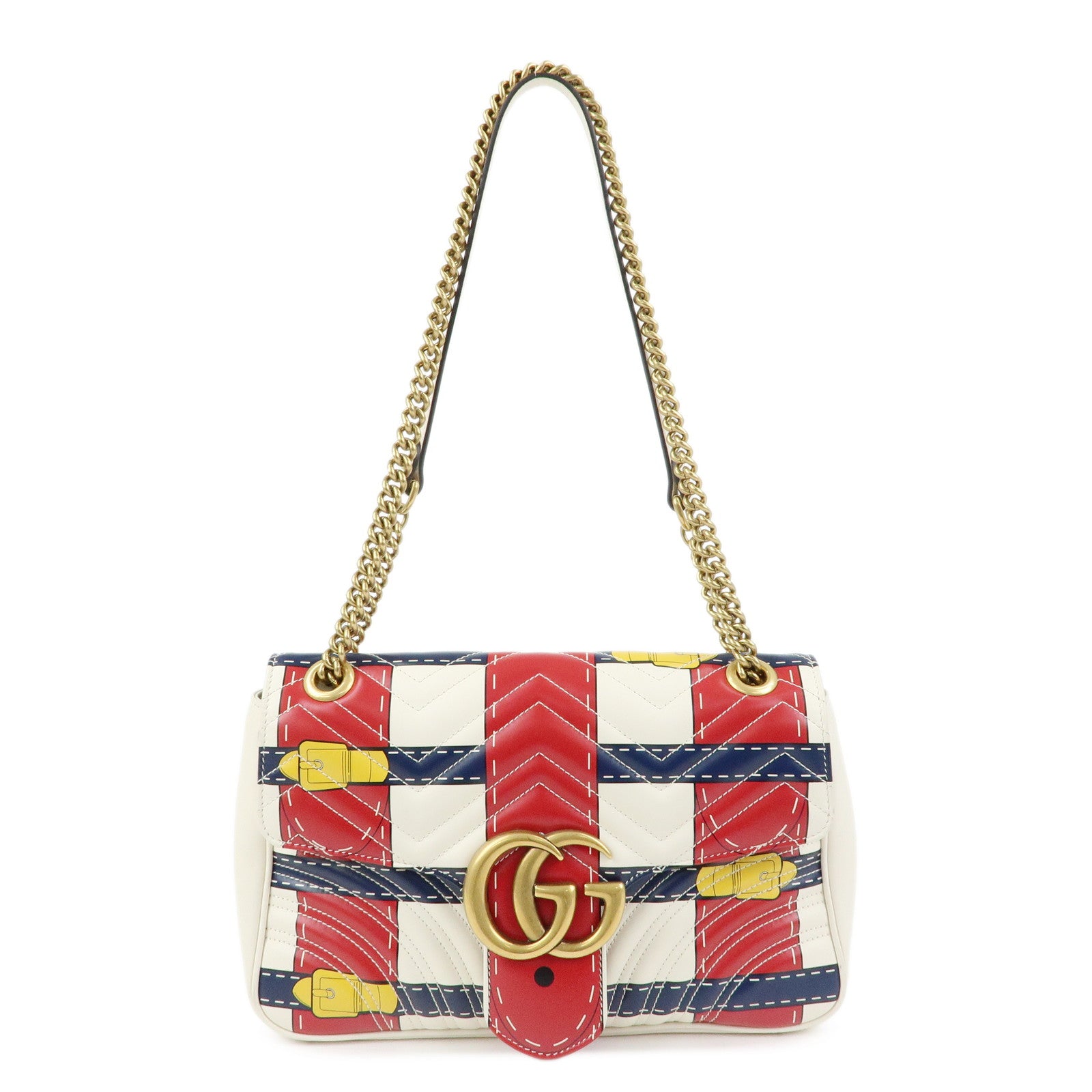 GUCCI GG Marmont Leather Medium Chain Shoulder Bag Ivory Red 443496