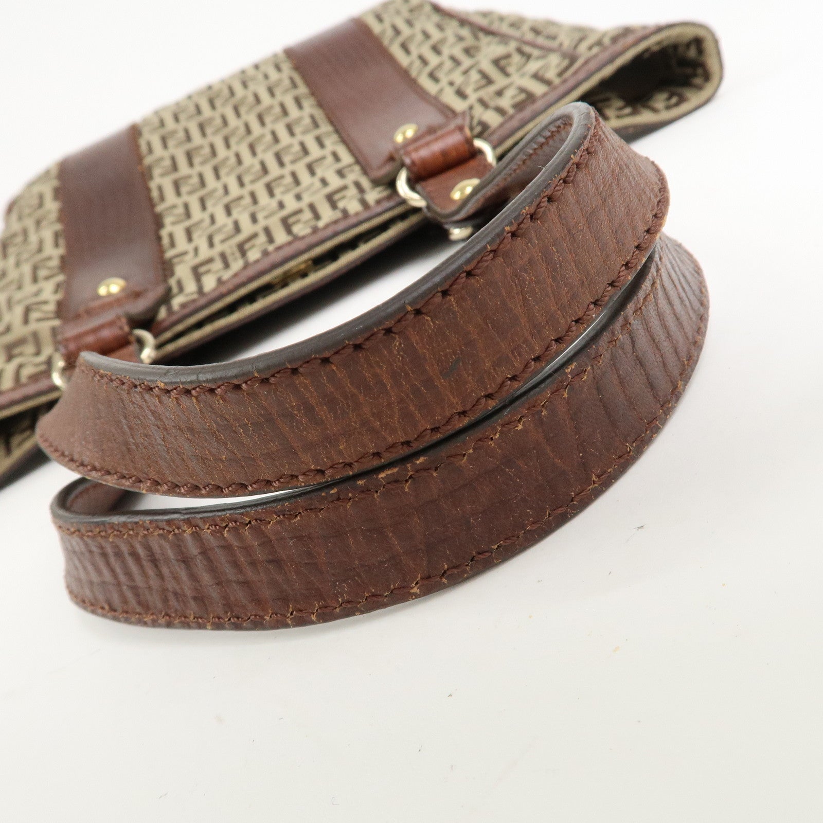 FENDI Zucchino Canvas Leather Tote Bag Shoulder Bag Brown 8BH161