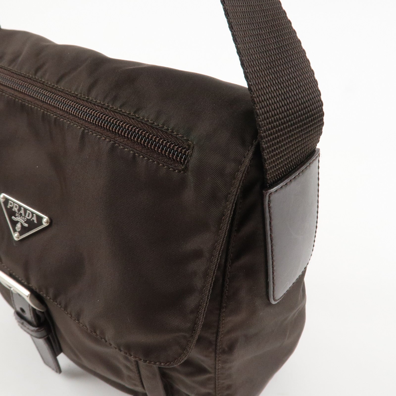 PRADA Triangle Logo Nylon Leather Shoulder Bag Crossbody Bag Brown Used