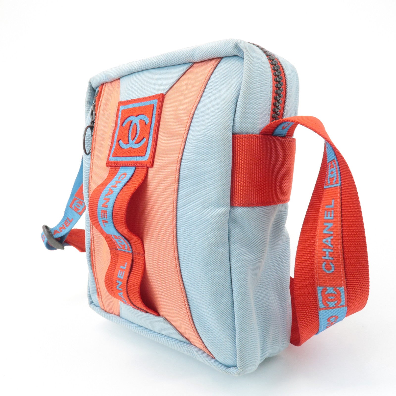 CHANEL Sportsline COCO Mark Nylon Canvas Shoulder Bag Red Blue Used