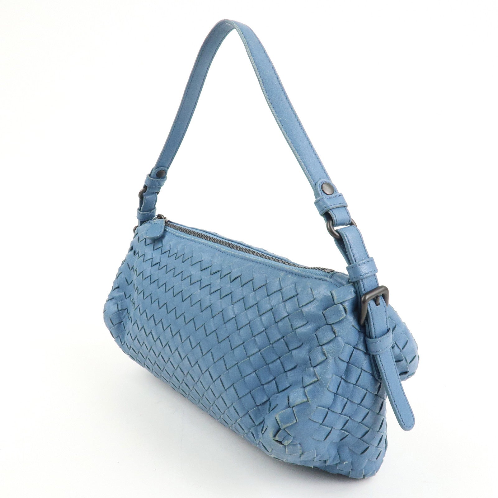 BOTTEGA VENETA Intrecciato Leather Shoulder Bag Light Blue Used