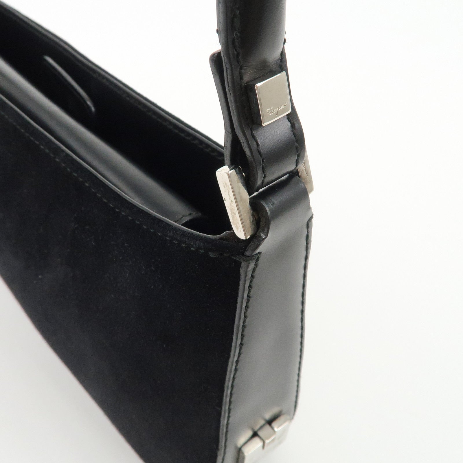 Ferragamo Logo Leather Suede Shoulder Bag Hand Bag Black