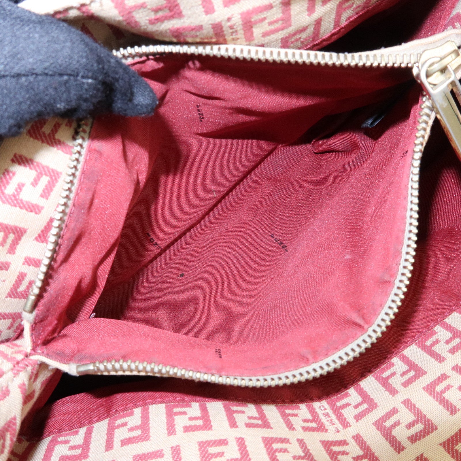 FENDI Zucchino Canvas Leather Hand Bag Tote Bag Beige Red 8BH132