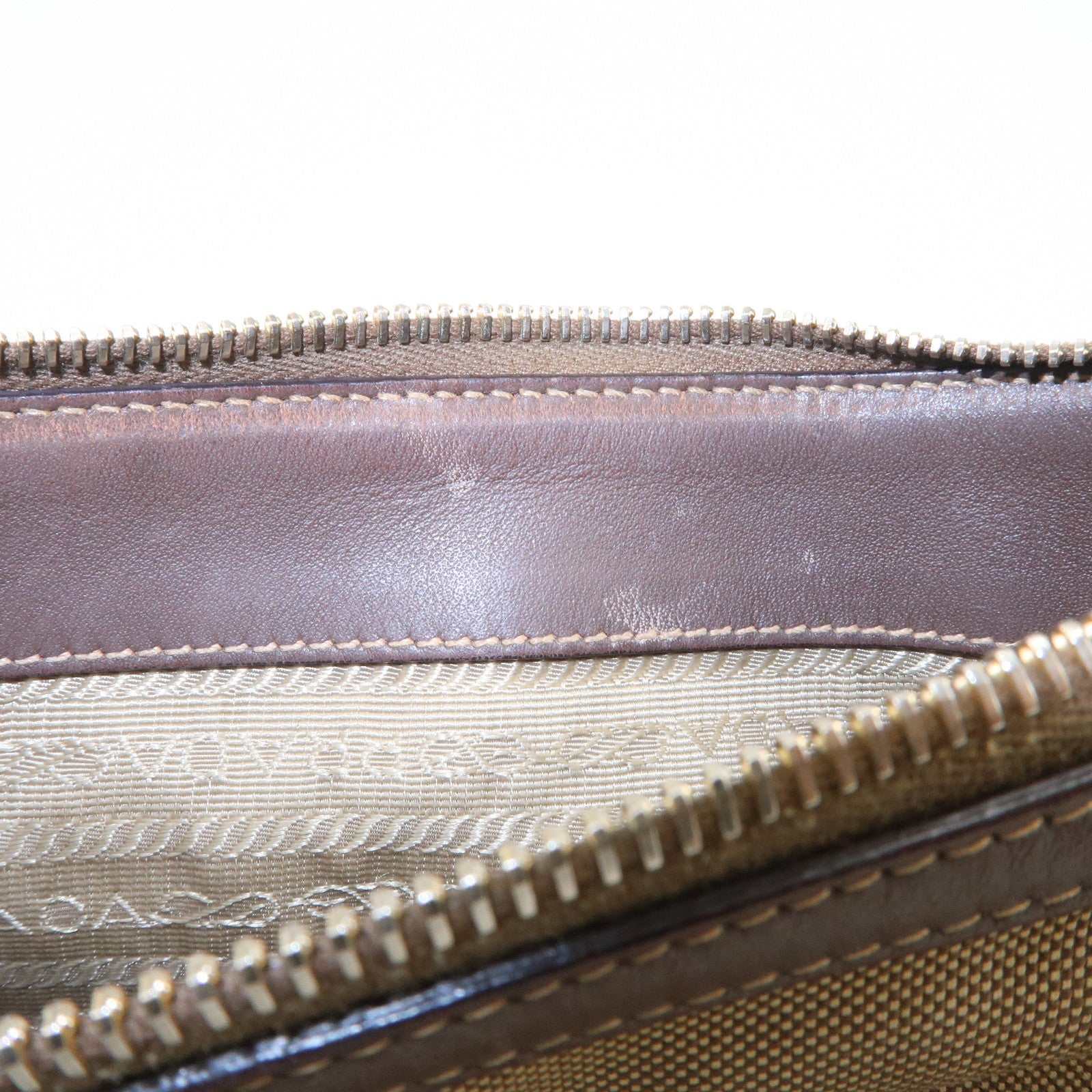 PRADA Logo Jacquard Leather Shoulder Bag Beige Brown BT867A