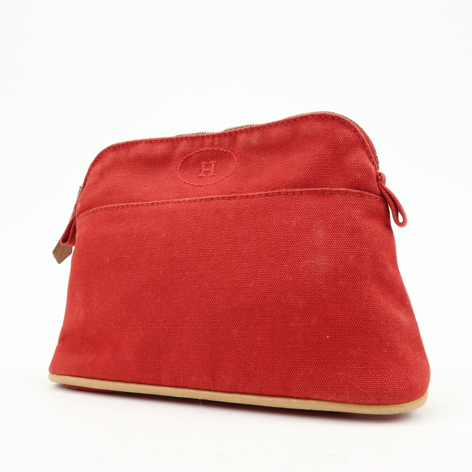 HERMES Bolide Cotton Leather Pouch Cosmetic Pouch Red