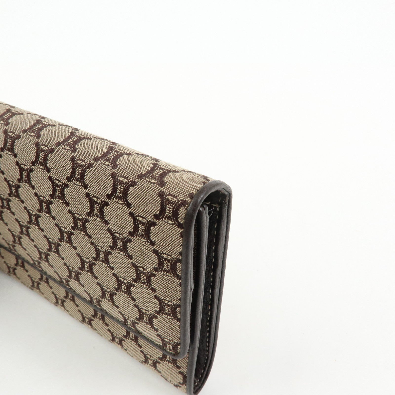 CELINE Macadam Canvas Leather Flap Long Wallet Beige Brown