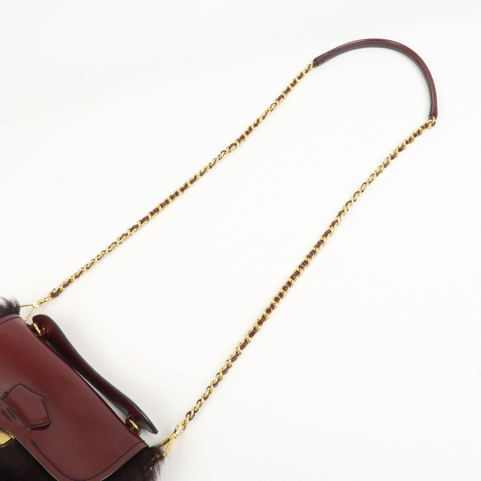 PRADA Leather Fur Chain Shoulder Bag Crossbody Bag Brown BP0368