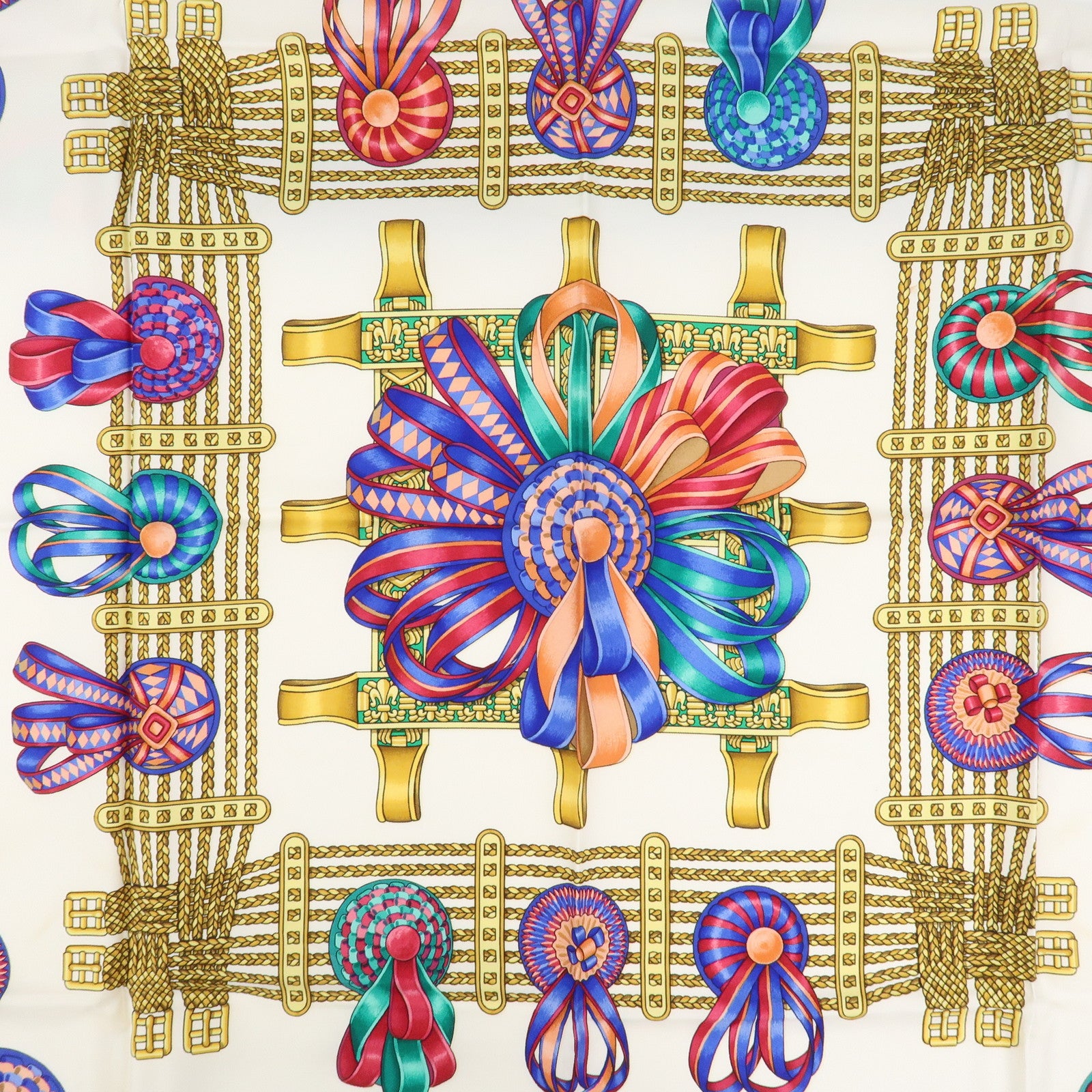 HERMES Carre 90 Silk 100% Scarf LES RUBANS DU CHEVAL Blue White